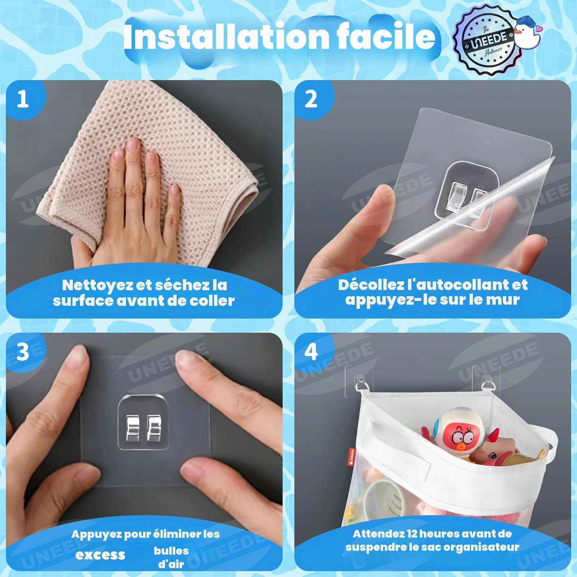 UNEEDE Filet Rangement Jouet Bain Bebe avec 4 Crochets Adhésifs