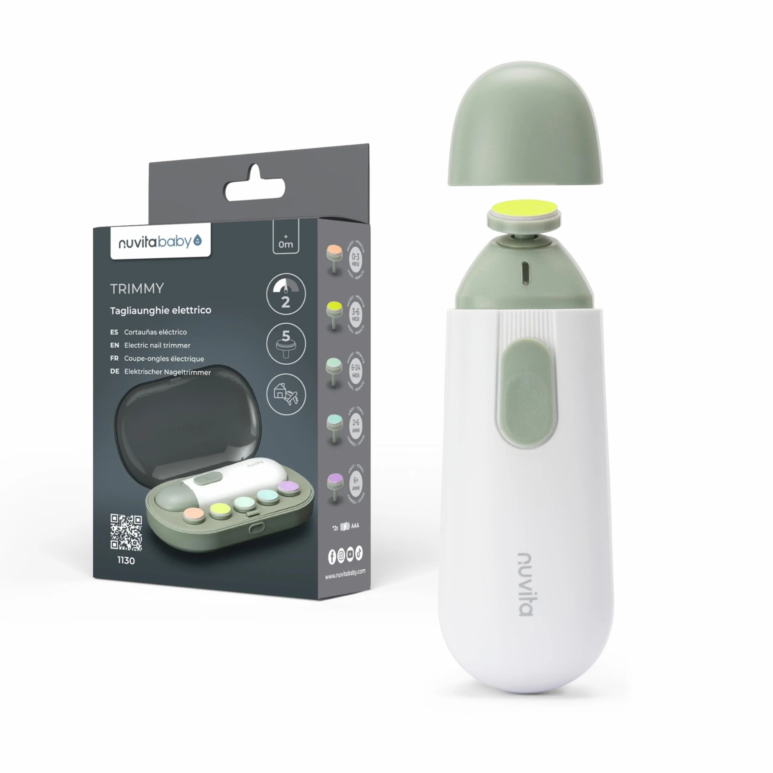Nuvita 1130 Trimmy Coupe-ongles Électrique pour Bébés – Kit Lime à Ongles avec 2 Vitesses, 5 Têtes