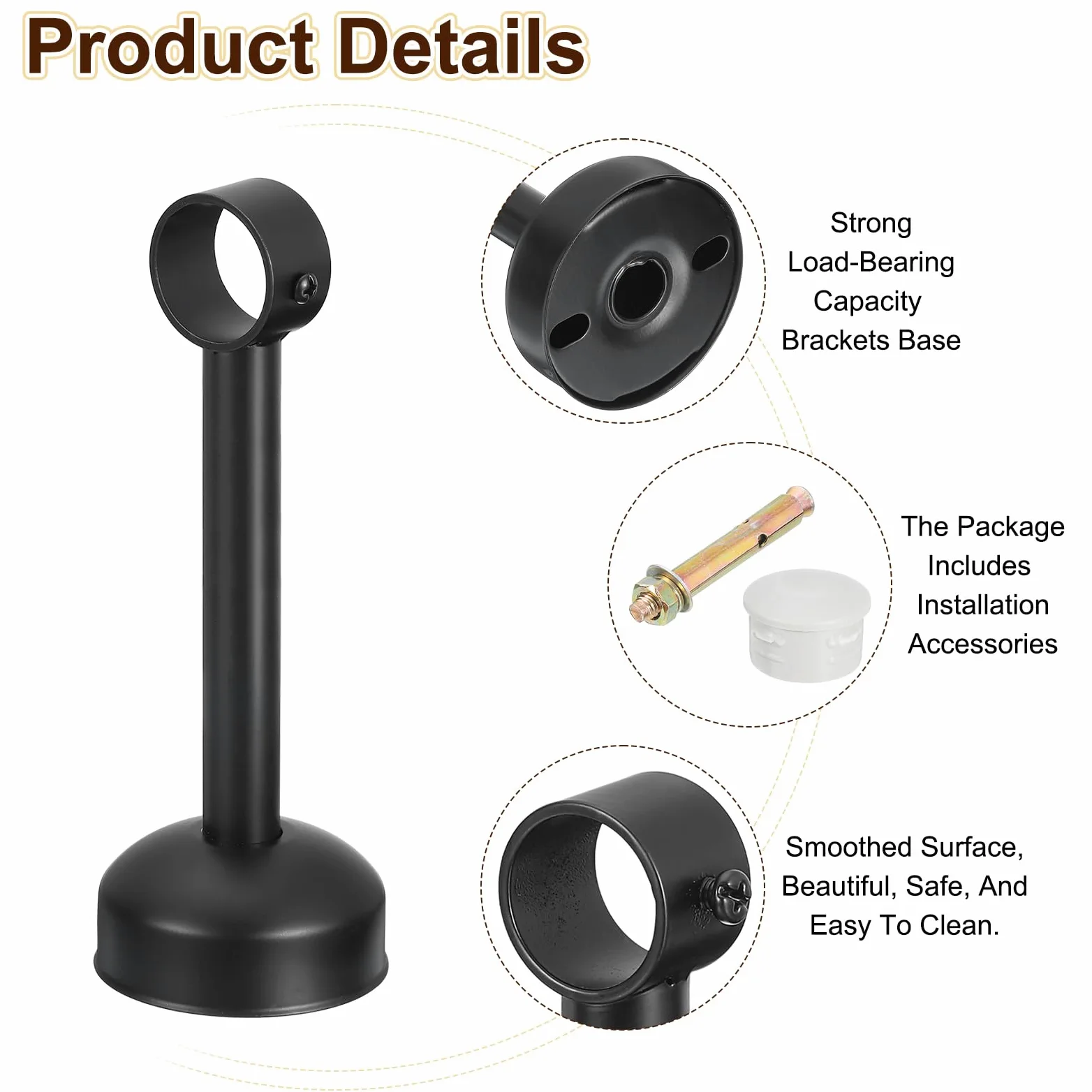 QUARKZMAN 4 Set Support Tringle Rideau Montage Plafond Adapté Tuyau 32mm/1.26" Longueur 200mm/7.87" Crochets Tringle Rideau Acier Inoxydable pour Murs Placard Tuyau Rideau Tuyau, Noir
