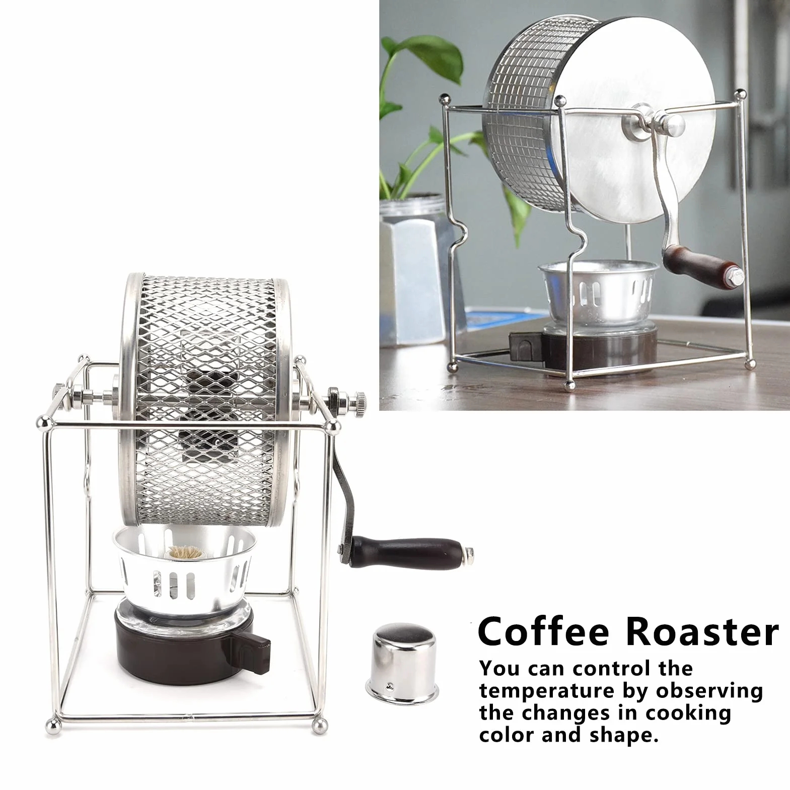 Torréfacteur de grains de café à manivelle en acier inoxydable, machine de torréfaction domestique