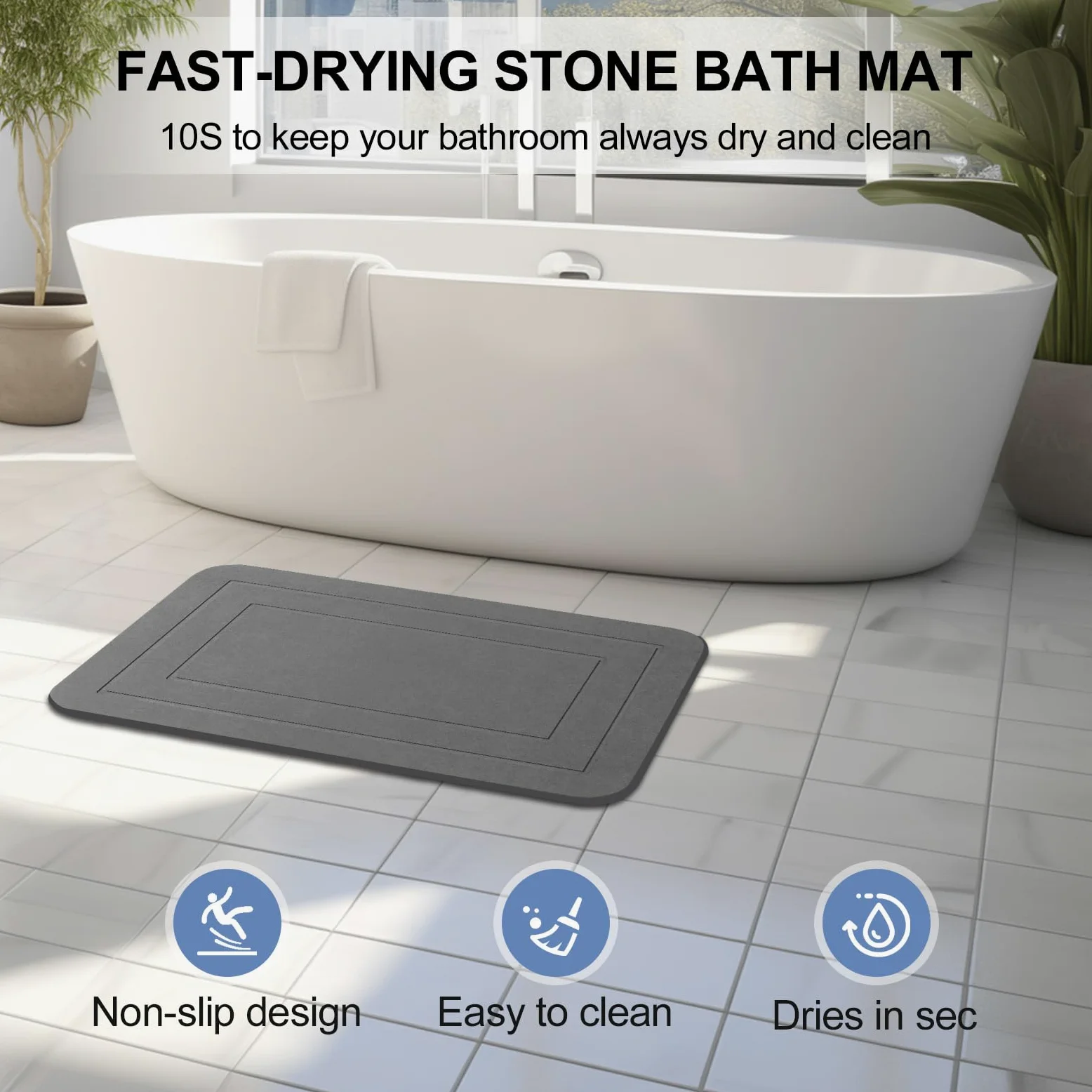 Lot de 2 Tapis de Bain en Pierre, Tapis de Douche en Terre de diatomée, antidérapant, Super Absorbant, séchage Rapide, Tapis de Sol pour Salle de Bain et Cuisine (Gris, 61 x 38,1 cm)