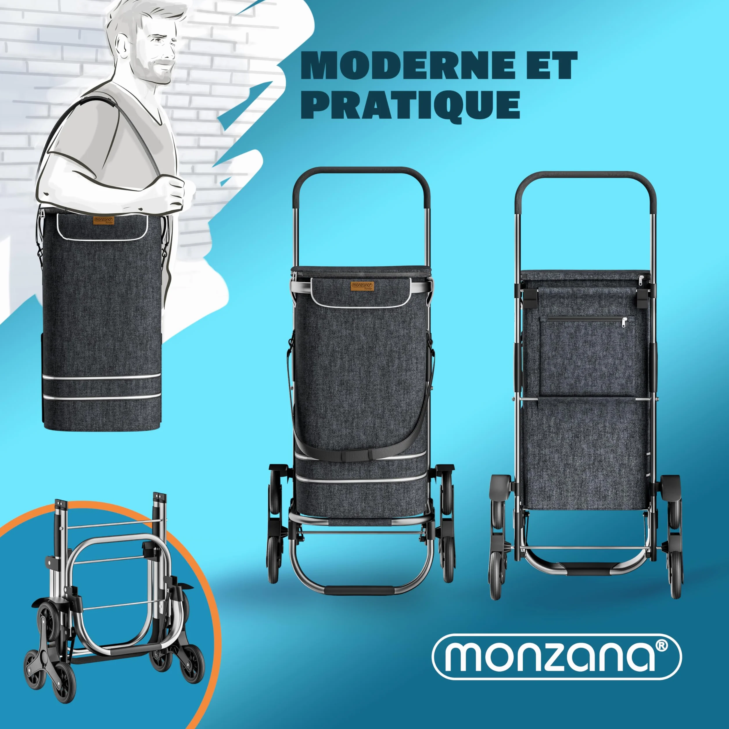 MONZANA Chariot de courses 56 litres 3 en 1 pliable noir isotherme 6 roues