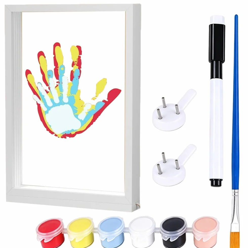 Kit d'Empreintes Familiales avec Veilleuse LED et Pigments - Cadre en Bois pour Bébé, Couples - Cadeau Personnalisé (Blanc)