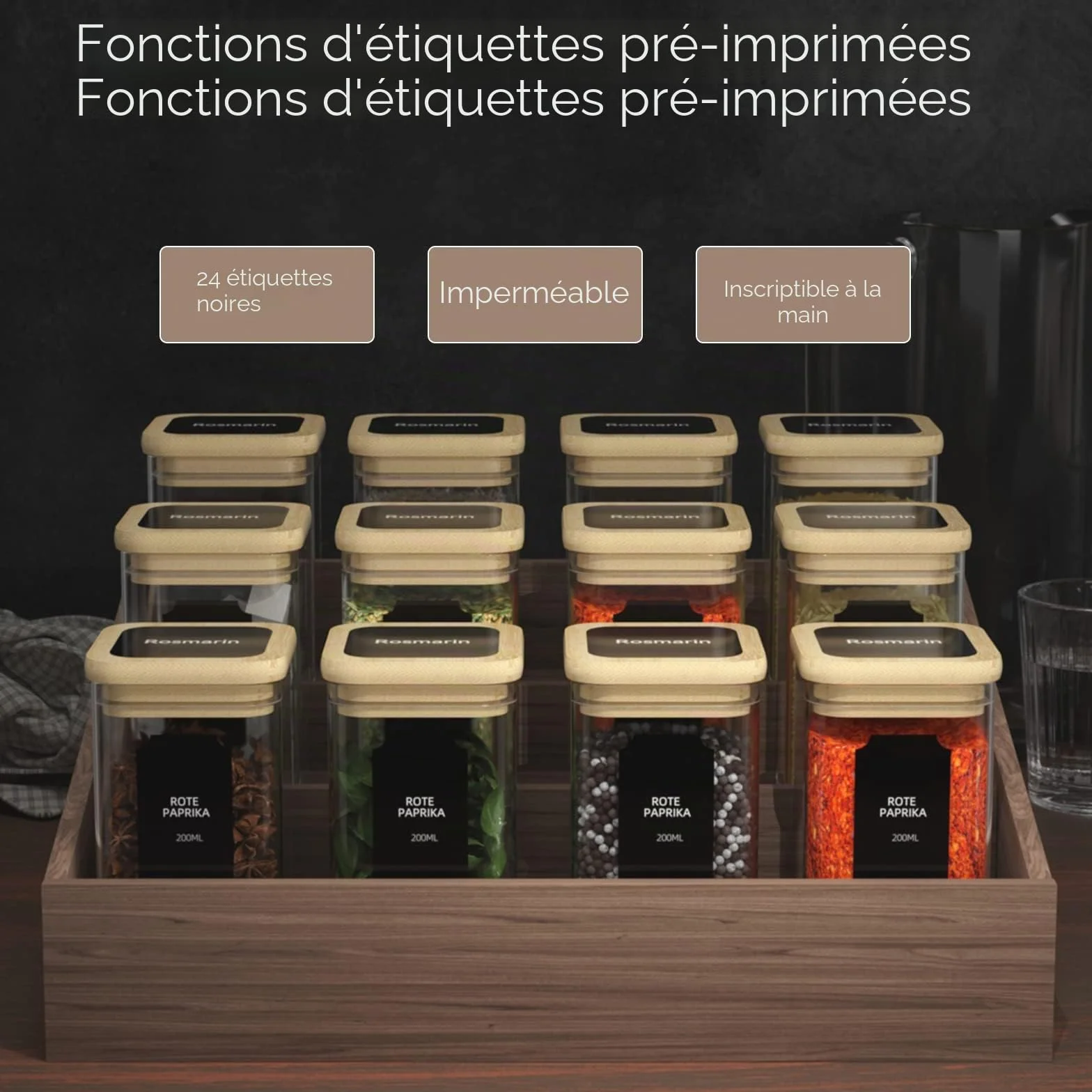 Set de pots à épices carrés 12x200ml, bocal verre avec couvercle bambou, bocaux hermétiques étiquettes marqueurs