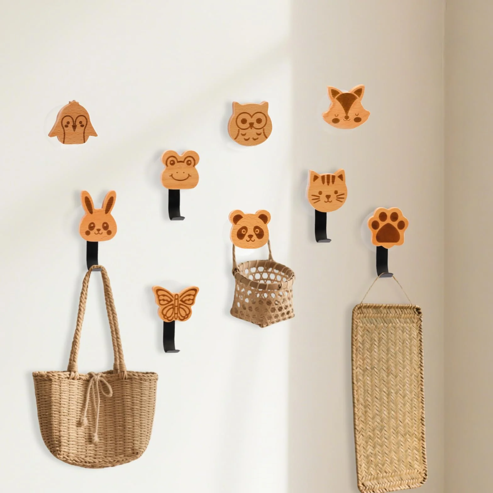 Lot de 9 Porte Manteau Enfant, Patère Murale Bois Animaux, Crochet Mural Adhésif sans Percage