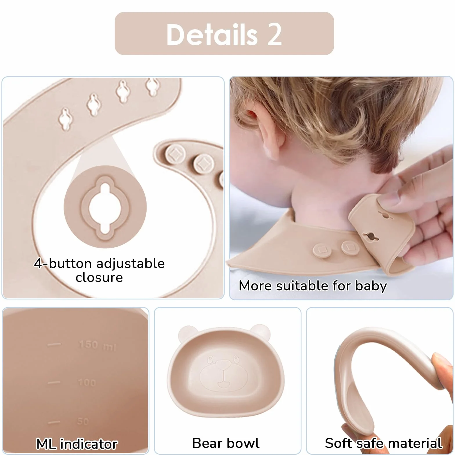 Coffret Repas Bebe Silicone 14 pièces Assiette Bol Fourche Cuillère Bavoir Tasse Set Couverts Vaisselle Sevrage Manger Beige