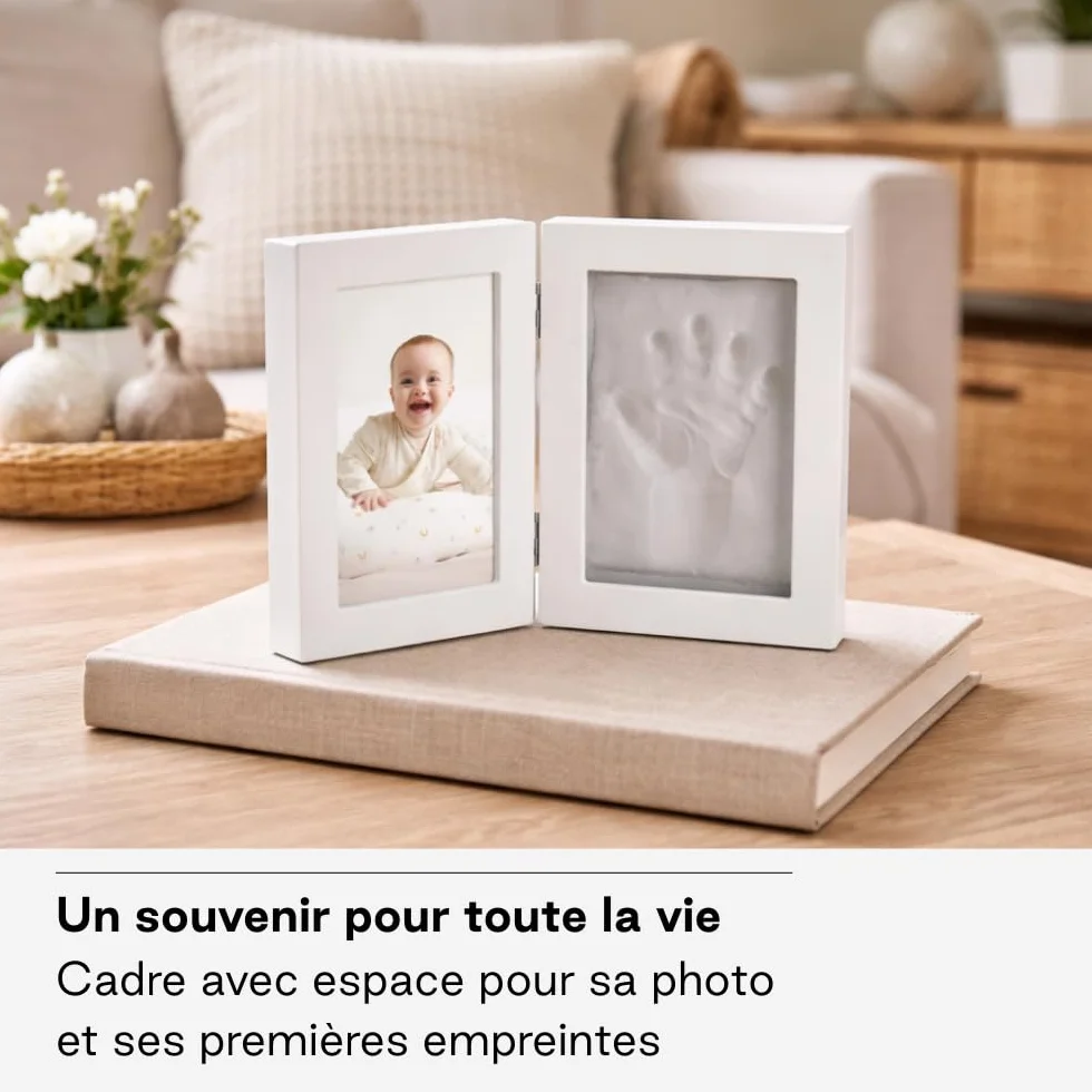 Jané Cadre Empreinte Bébé avec Photo, Argile à Modeler Séchage 24h, Souvenir Main ou Pied, Blanc