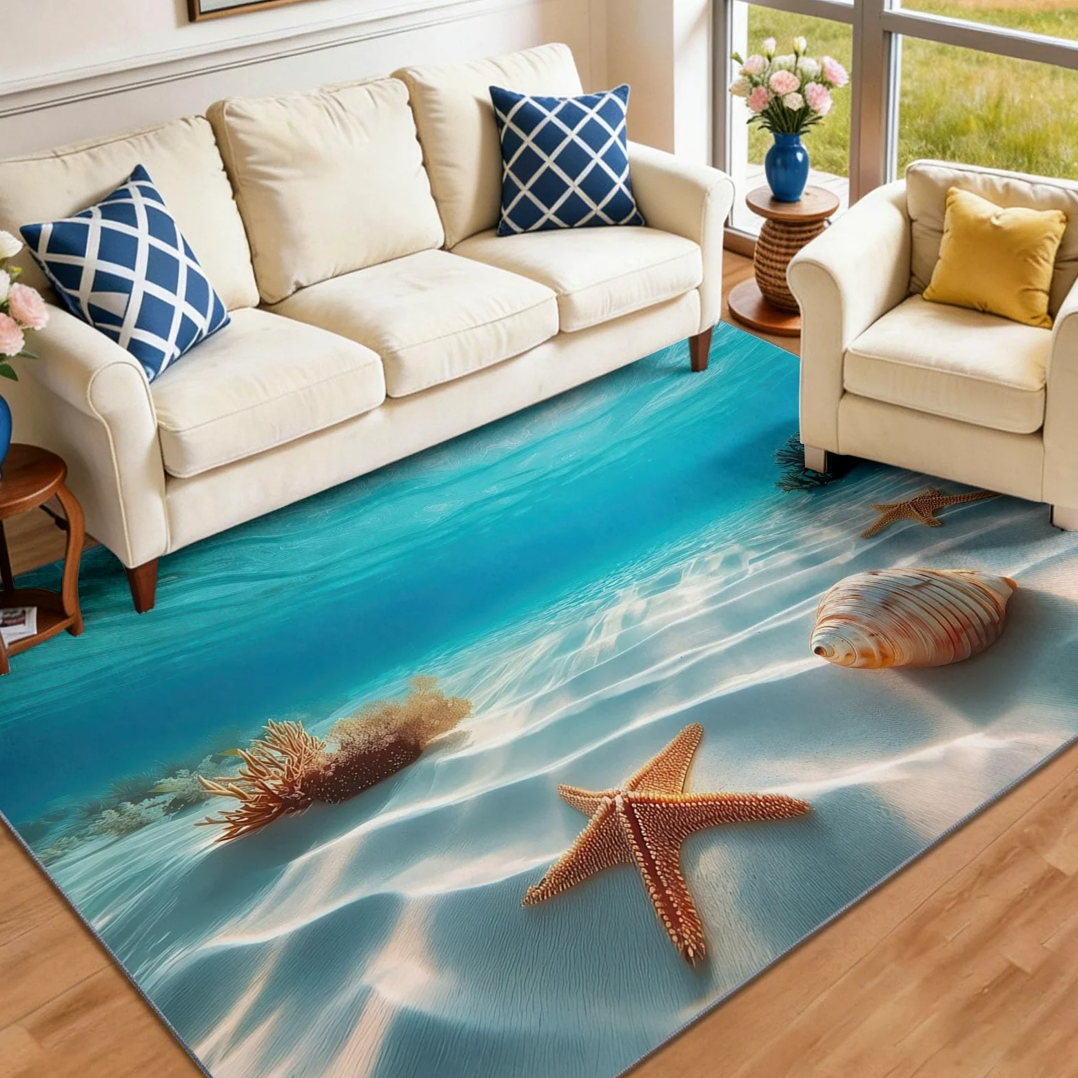 Tapis Poil Ras Antidérapante, Style Décontracté Bleu Et Blanc Lavable Machine Résistante à la Tache Moquette, Monde sous-Marin Plage Étoile De Mer Coquillage Tapis pour Couloir Chambre, 100 x 150 cm