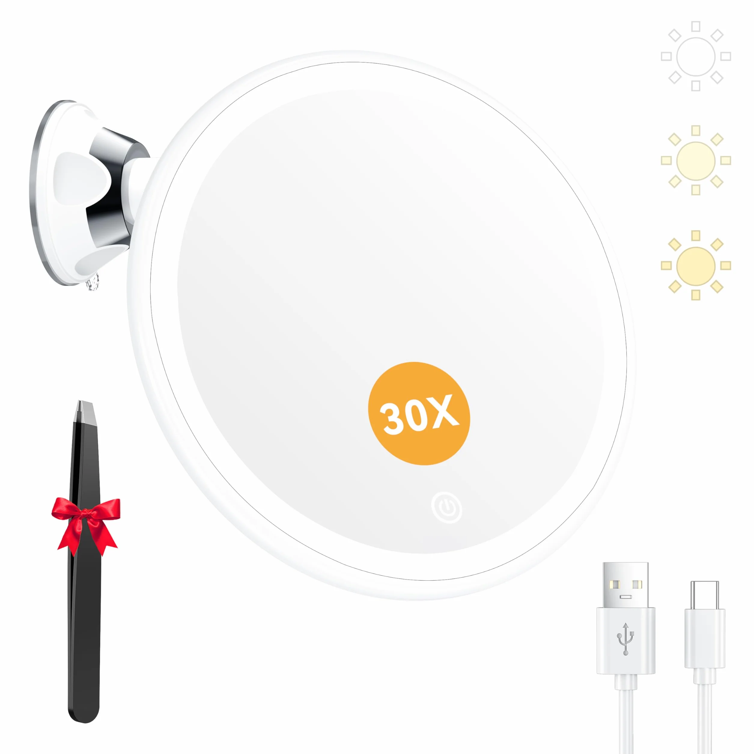 Auxmir Miroir Grossissant 30x Lumineux Rechargeable 3 Modes LED Ventouse Ajustable 360° sans Fil Cosmétique Portable Salle de Bain