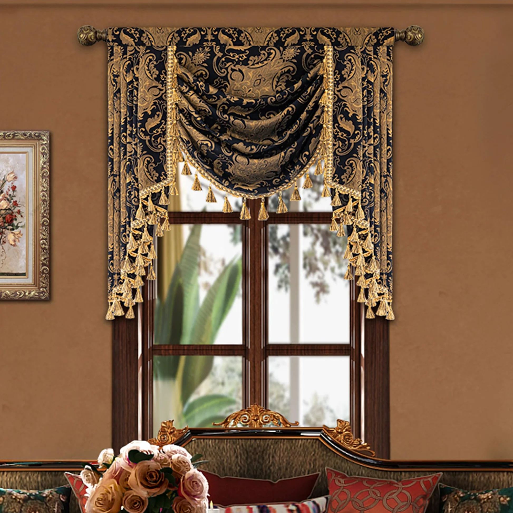 Cantonnière pour fenêtres, motif cascade damassée avec pompons, rideau court pour chambre à coucher, salon, cuisine, traitement de fenêtre avec passe-tringle (largeur 100 cm, noir)