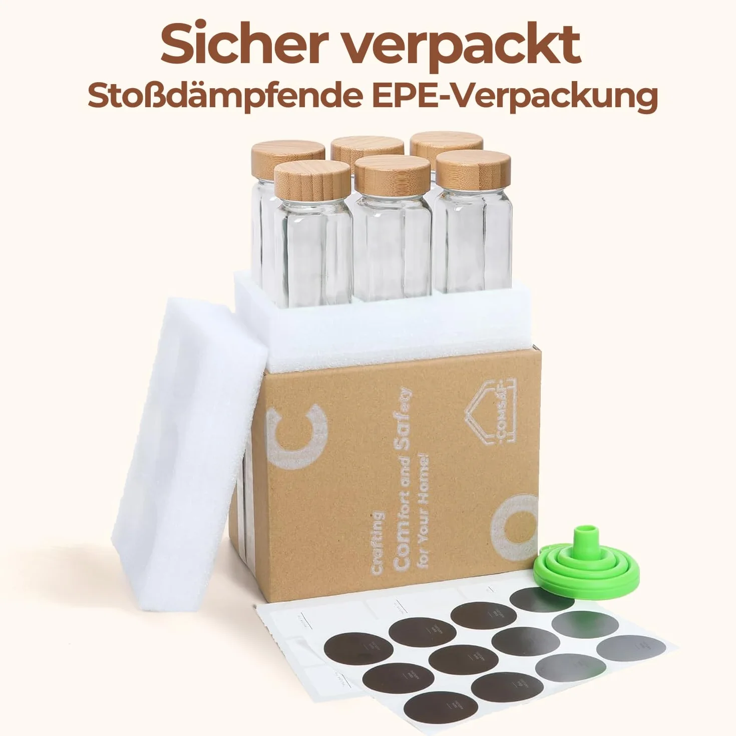 ComSaf pot à épices en verre 120 ml lot de 6 avec étiquettes lisibles