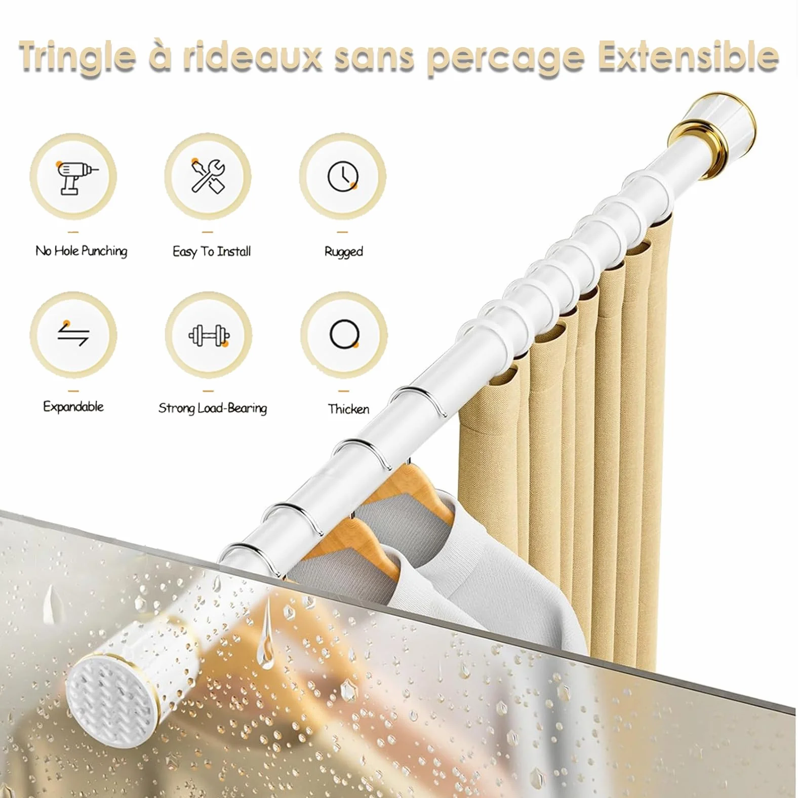 Tringle à rideaux extensible sans perçage de 3,6 à 4,5 m - Tringle de tension noire pour douche et séparateur de pièce - Installation facile - Longueur réglable - Design moderne et durable