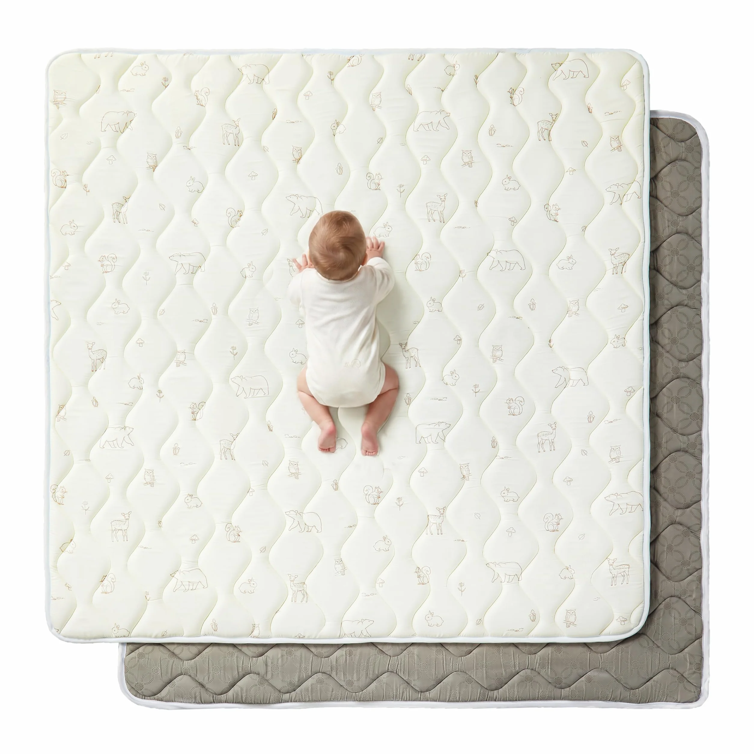 Tapis Bébé Pliable 120x120cm Antidérapant Matelas Mousse Lavable Motricité Sol Parc 0-24 Mois Forêt Beige