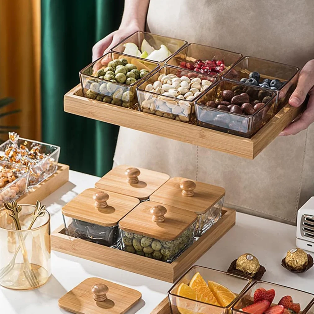 Plateau de service divisé en bambou avec couvercle, organiseur de collations carré pour fêtes, plateau de fruits en bois et boîte de rangement pour bonbons