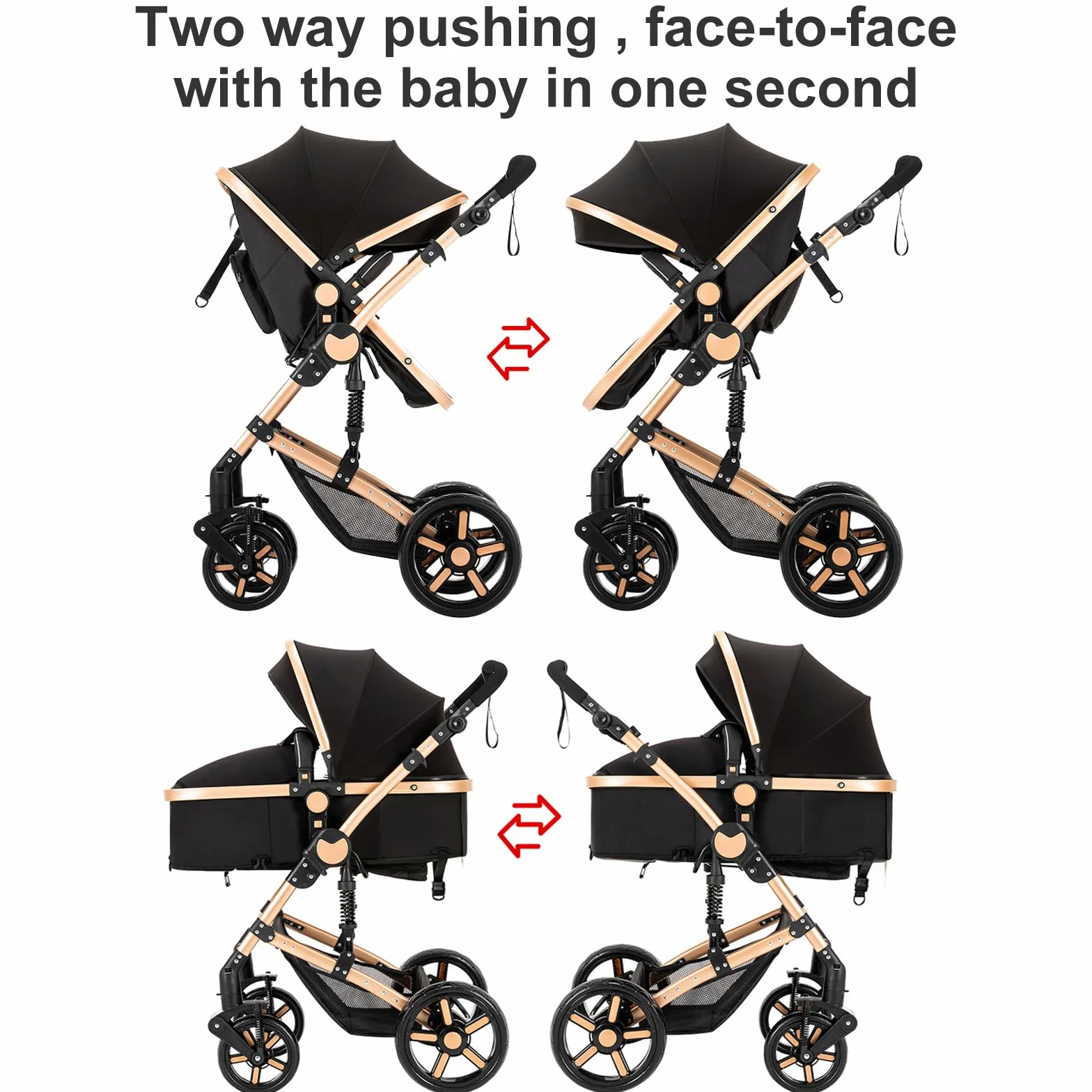 Poussette 3 en 1 Bebe Cadre Aluminium Haute Paysage Pliable Un Clic Noir Or