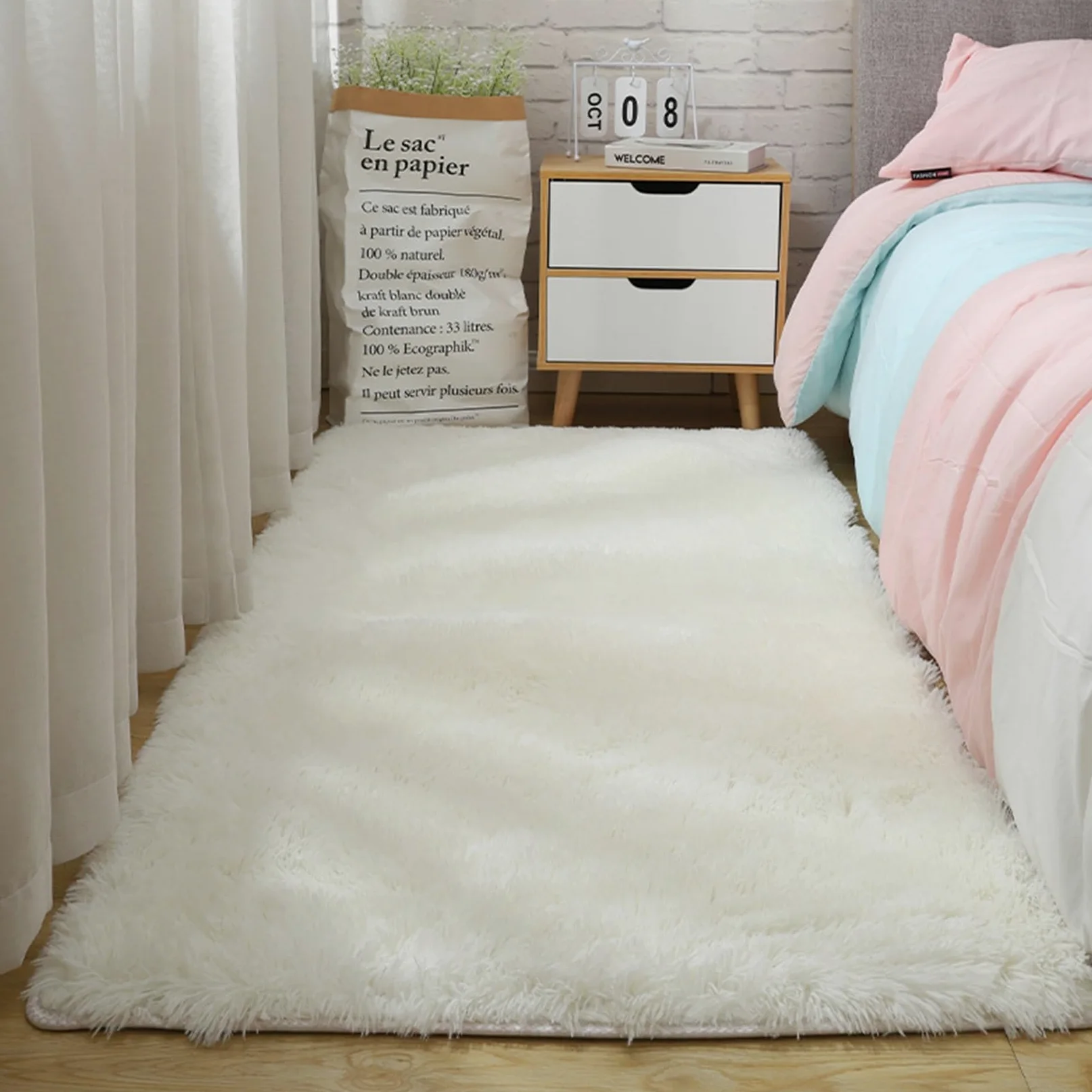 Tapis de Chambre 80 x 300 cm Antidérapant, Doux Au Toucher Lavable Tapis Intérieur Extérieur Facile à Nettoyer pour Salon, Chambre à Coucher, Bureau, Blanc