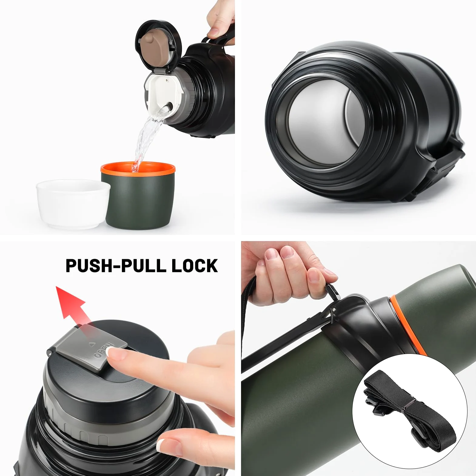 Grande bouteille thermos à café de 1,8 l pour voyage – Bouteille isotherme classique avec tasse en plastique – Bouteille de boisson isotherme en acier inoxydable de 2 L pour la randonnée, la