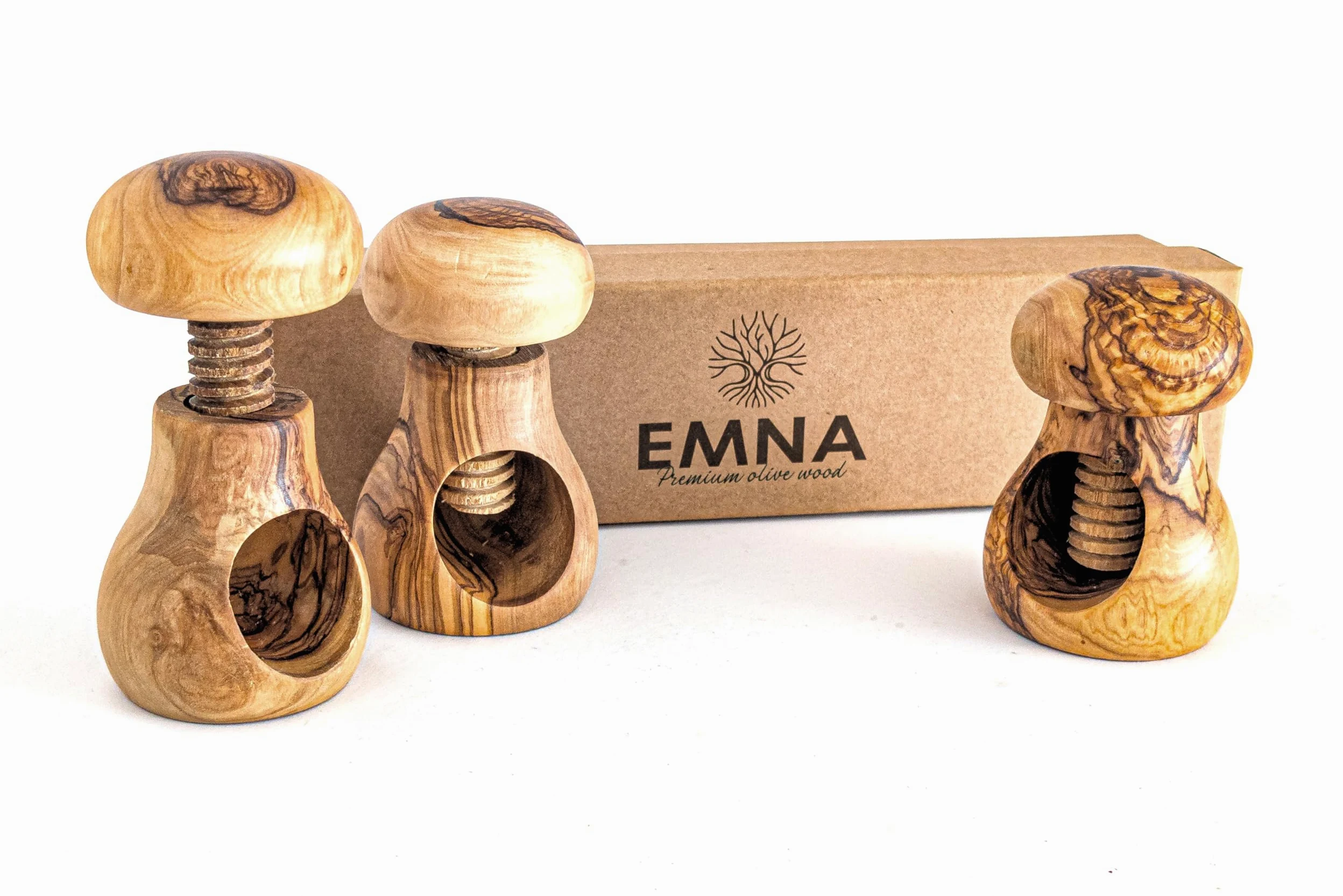 EMNA Lot de 3 casse-noix en bois d'olivier - Idée cadeau en bois d'olivier noble - Fabriqué à la main en forme de champignon (environ 10 cm) avec filetage à vis, sûr, durable, décoratif, Noël, coffret