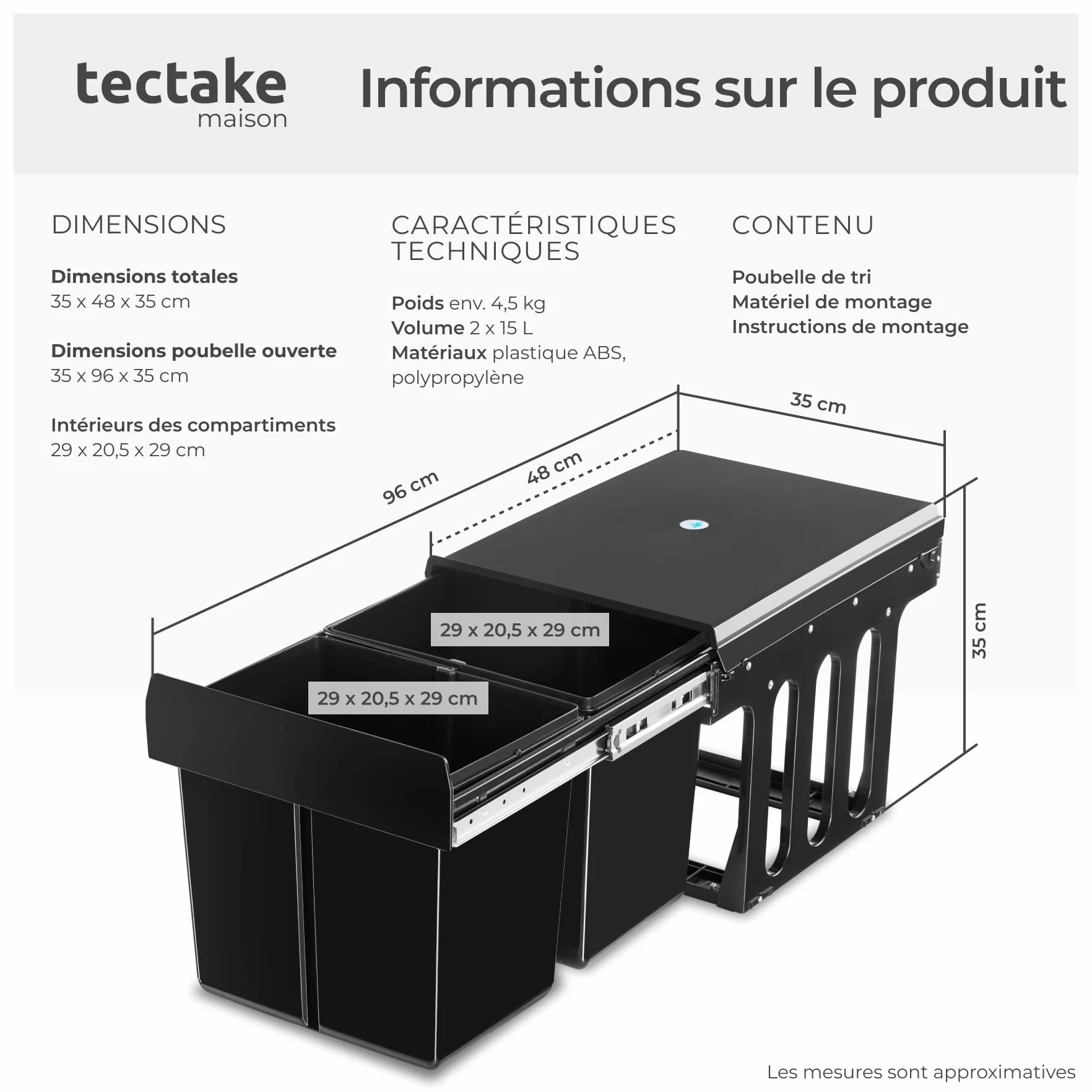 Poubelle de tri selectif 2 compartiments 2x15L 30 litres Noir pour Meuble de cuisine