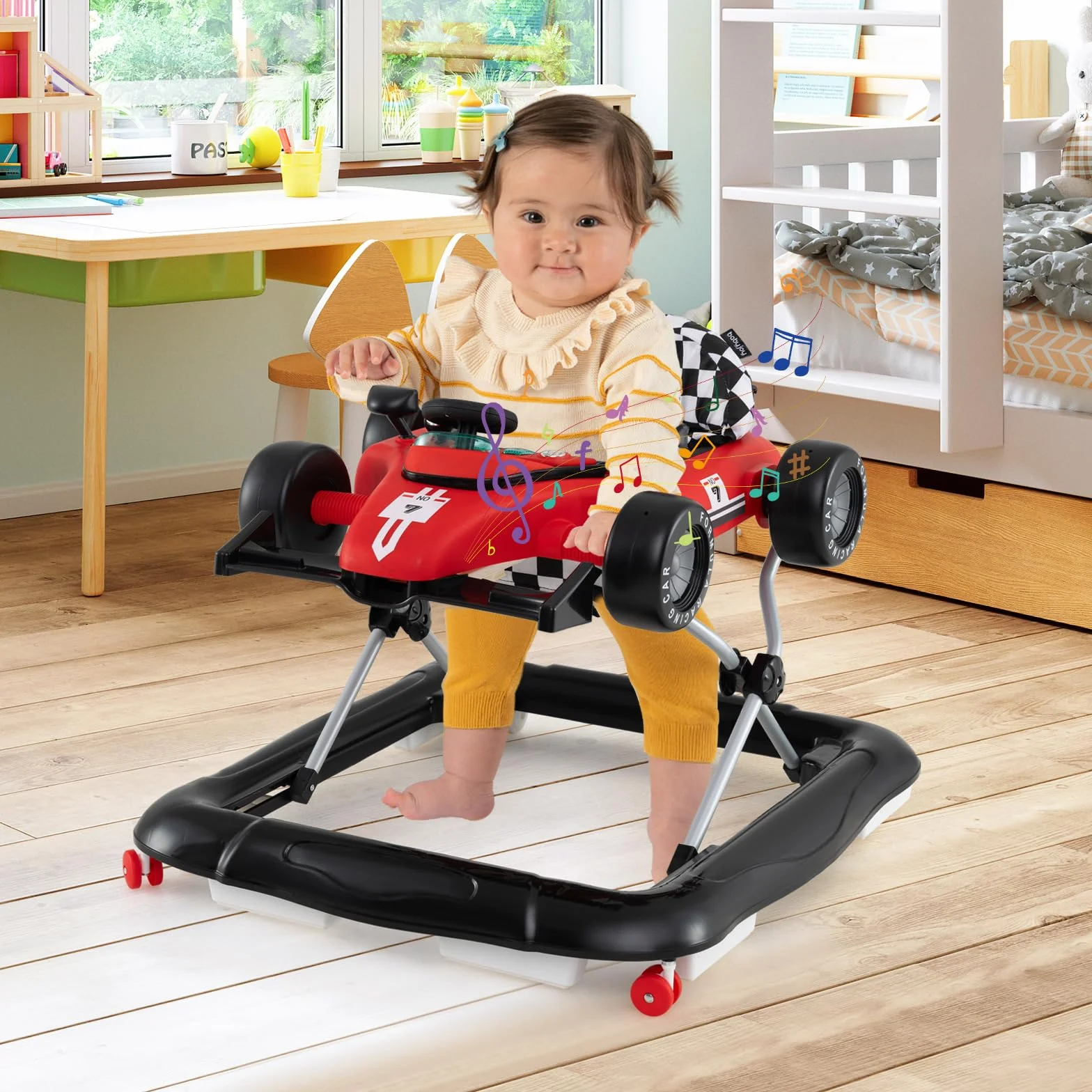 COSTWAY Trotteur Bébé Garçon Fille 3 Hauteur Réglable Pliable Évolutif Boîte à Musique Amovible Volant Roues Silencieuses Charge 12kg 6-18 Mois