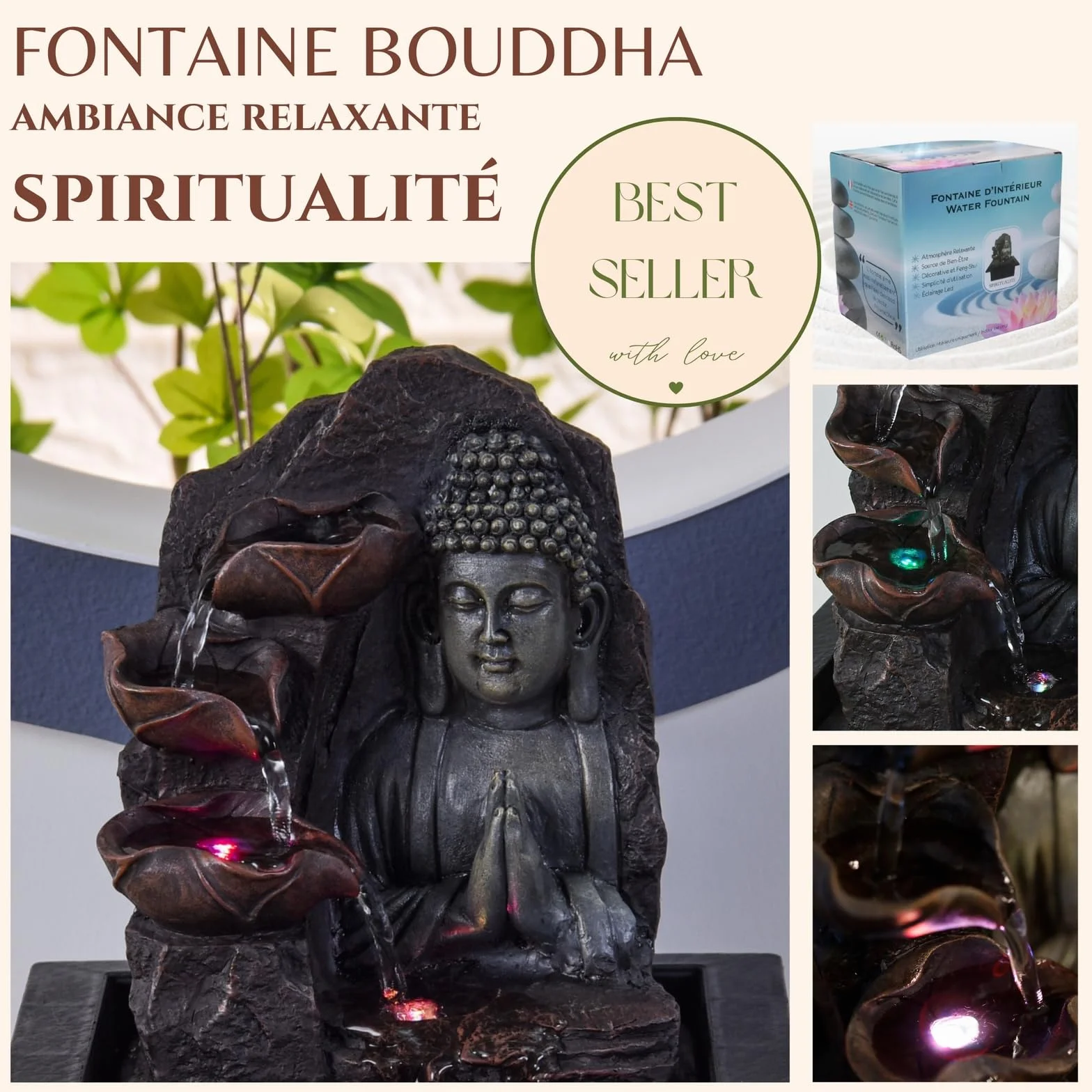 Fontaine d’Intérieur Cascade Bouddha Lotus LED Lumière Colorée Feng Shui 21 x 21 x 26 cm