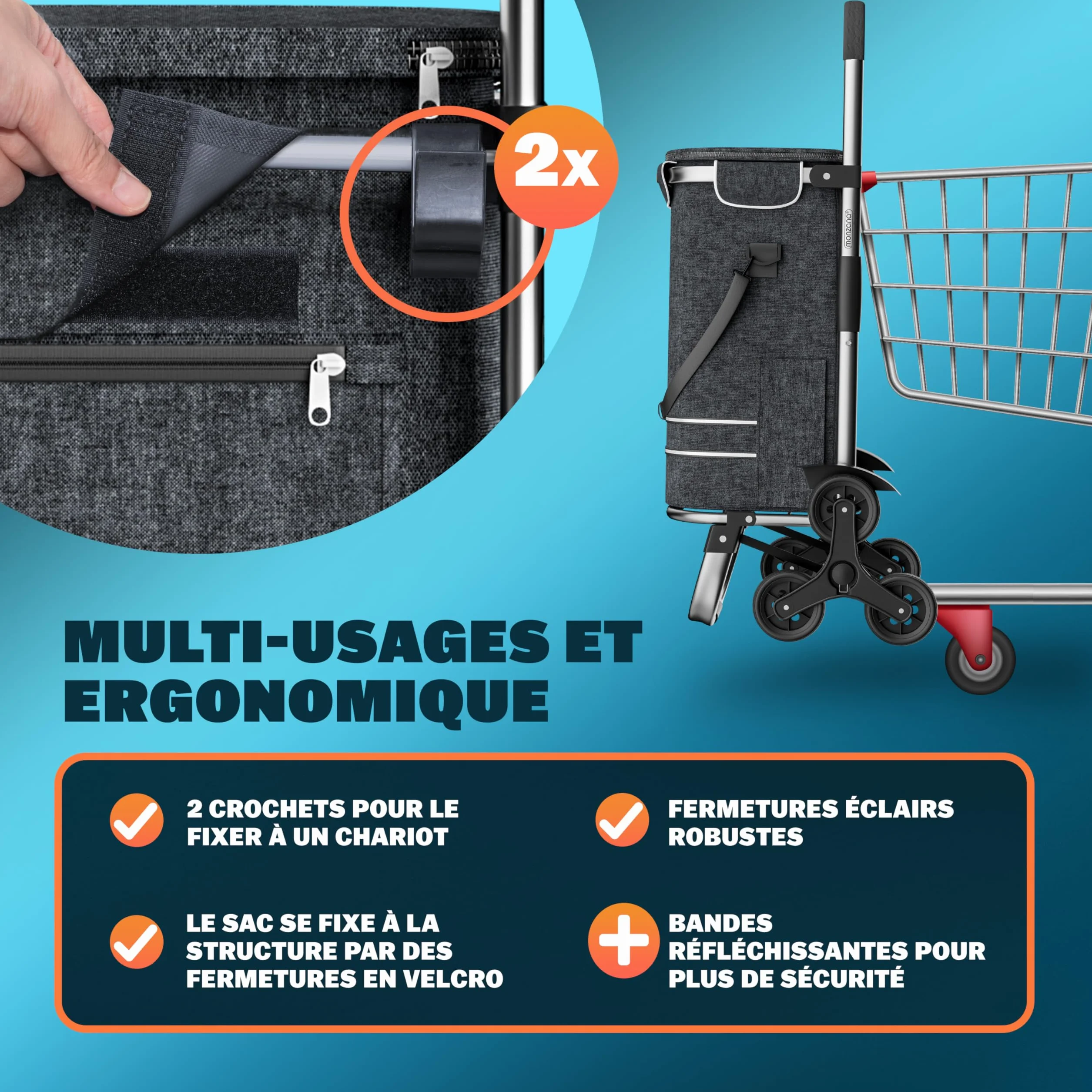 MONZANA Chariot de courses 56 litres 3 en 1 pliable noir isotherme 6 roues