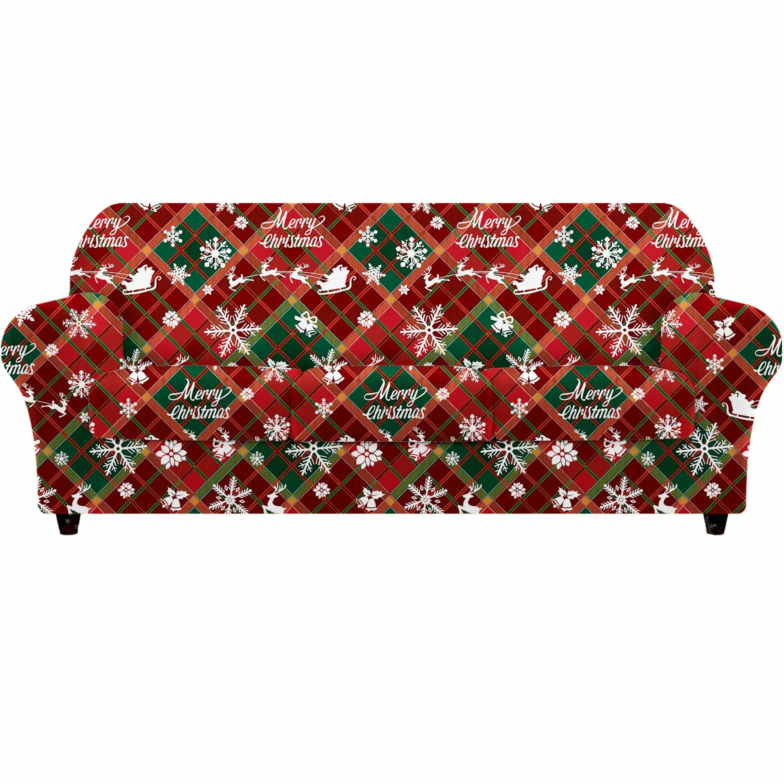 Lot de 4 Housses de Canapé 3 Places Noël Élastiques Extensibles Imprimées avec Accoudoirs Douces Antidérapantes Flocons de Neige