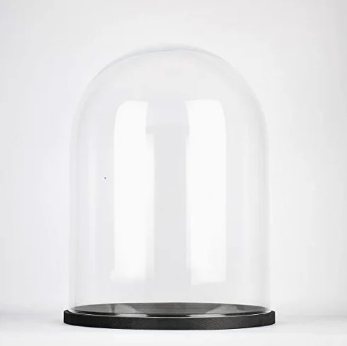 EMH Grande cloche en verre transparent faite à la main avec base en bois noir 30 x 25 cm