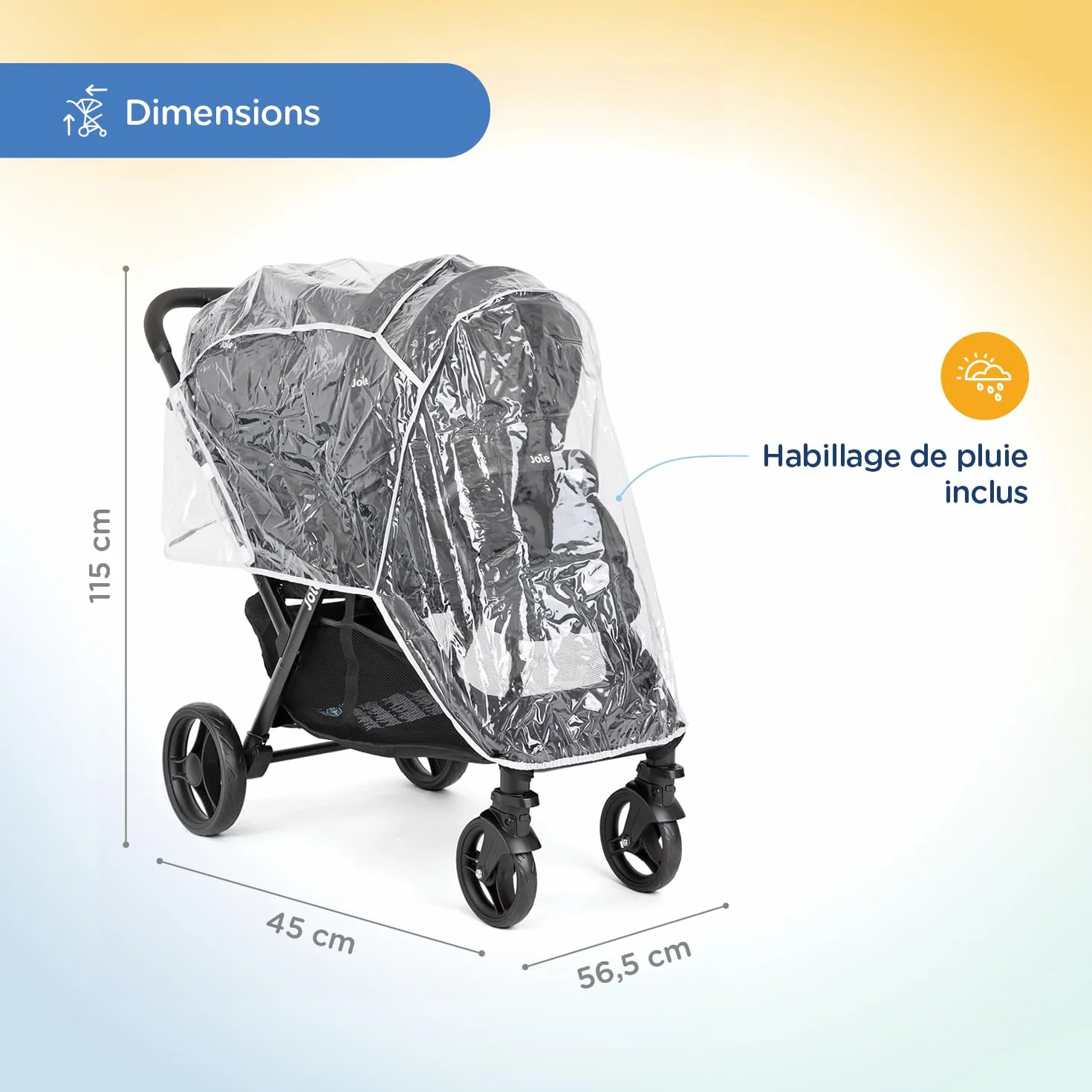 Joie EVALITE DUO Poussette Double Légère Naissance à 15 kg Pliage Compact 1 Main Compatible Coque Siège Arrière Ultra Légère 10,5 kg Grand Panier Habillage pluie inclus Shale