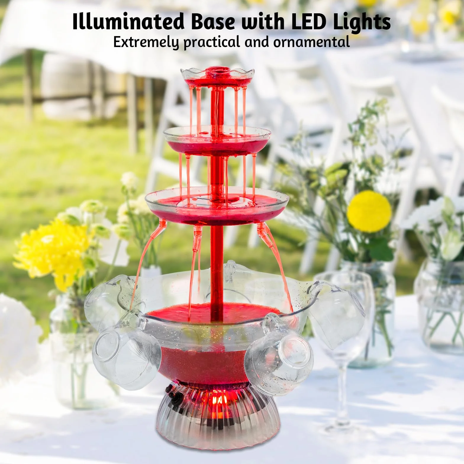 Fontaine à vin rouge 3 niveaux transparente avec 5 tasses, base LED, stable pour fête anniversaire