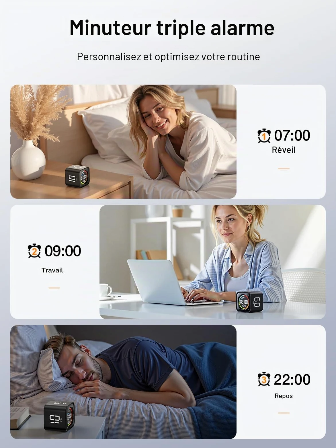 Ticktime TK3 Pomodoro Timer pour Étude, Travail, Tâches, TDAH, Cuisine | Pomodoro Timer, Flip 5/10/30/60 min Countdown, Custom Timer & Chrono, 3 Options Rappel, Écran Clair, 3 Alarmes Réglables