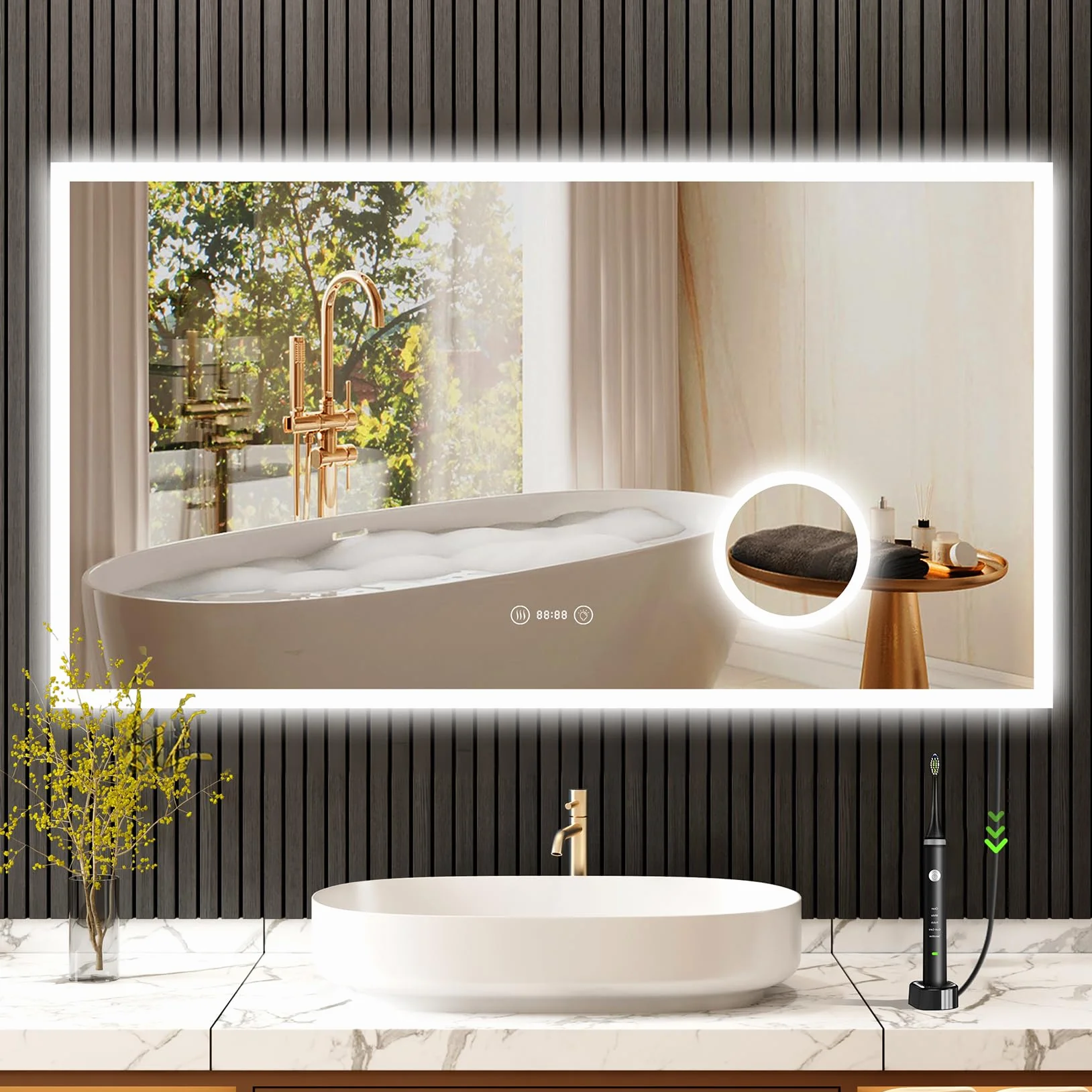 Miroir de Salle de Bain LED YOLEO avec Horloge, Température, Grossissement 3X, antibuée, 3 Couleurs de Lumière, 100 x 60 cm