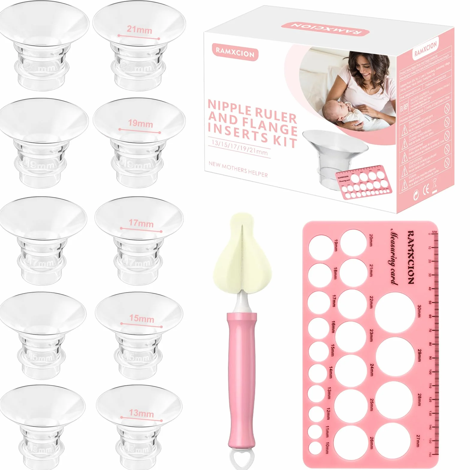 Inserts de Bride 13/15/17/19/21mm, Accessoires d'Allaitement Compatibles Pompes à Lait, Brosse de Nettoyage et Carte de Mesure
