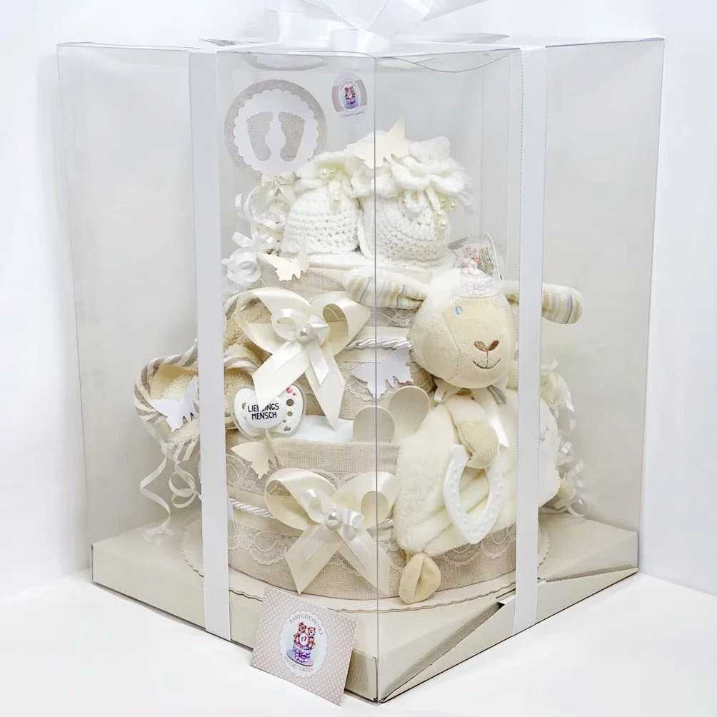 MomsStory Gâteau de Couches Neutre Mouton 2 Étages Beige Cadeau Naissance Baby Shower