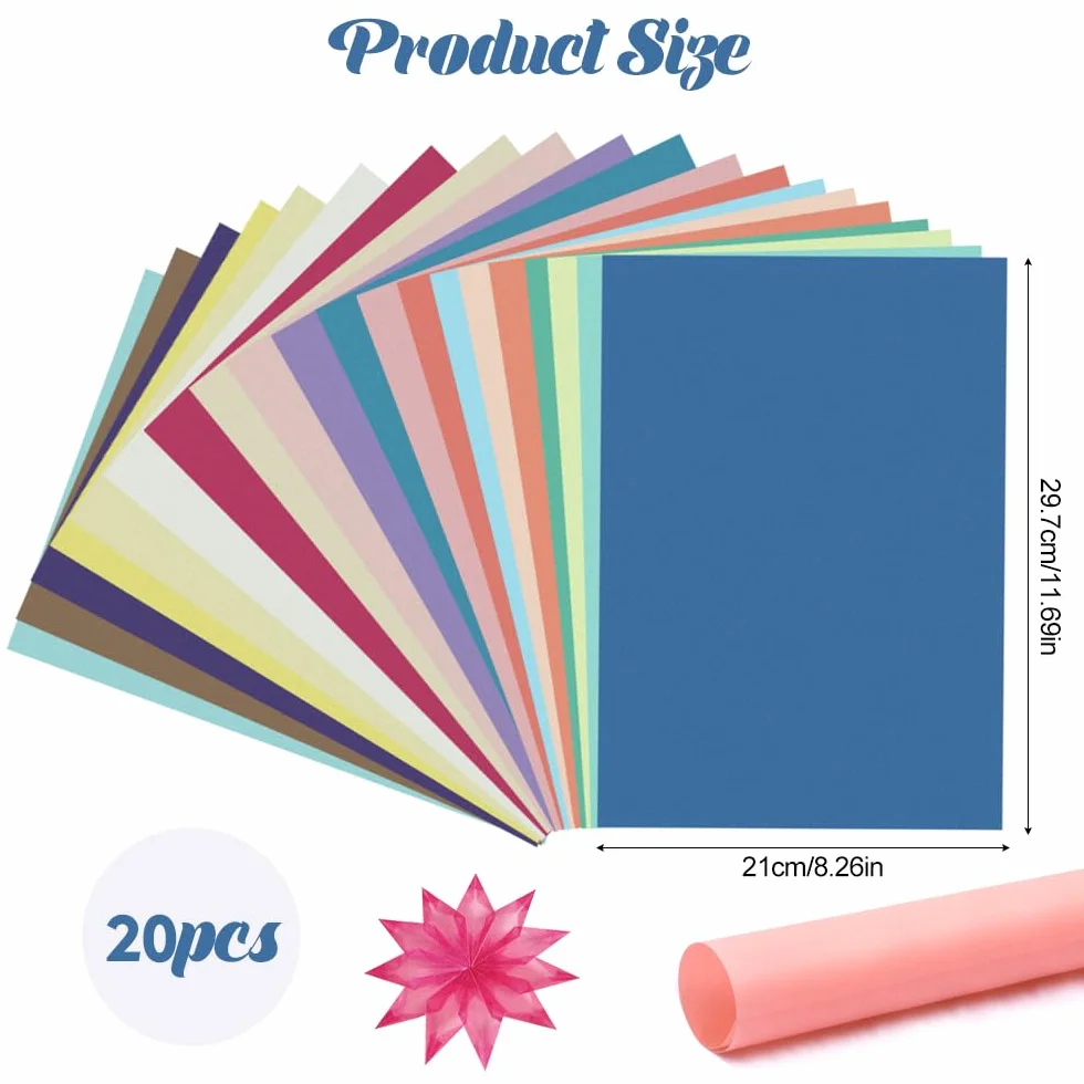 Papier Transparent Couleur A4 29.7x21 cm 20 Feuilles Cartonné Loisir Creatif Papiers Calque Imprimable Bricolage Calligraphie Scrapbooking
