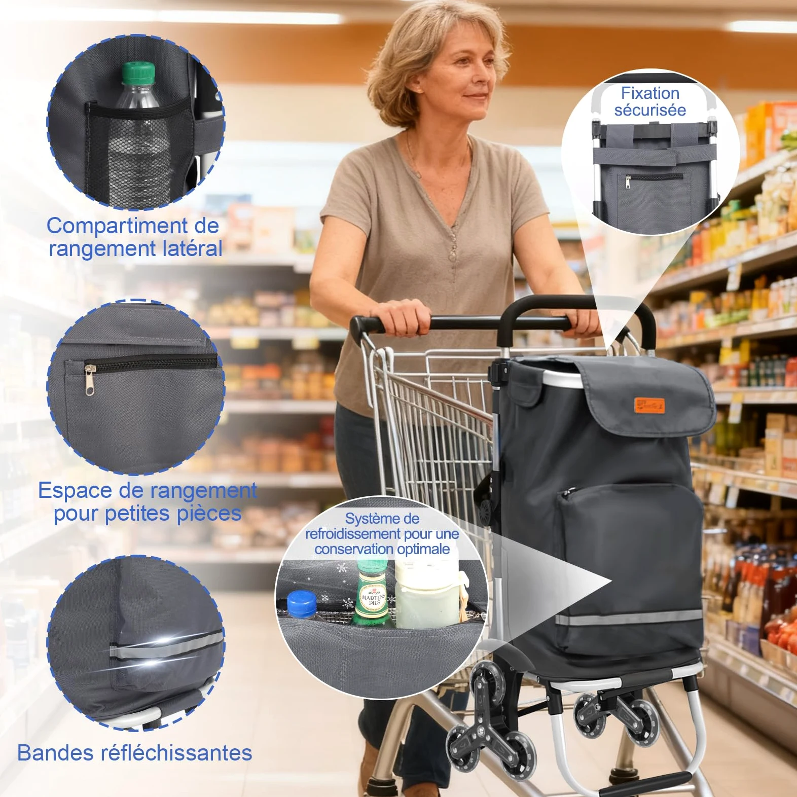 Sekey Chariot de Courses 3 Roues Monte Escalier Pliable 3 en 1, Caddie Isotherme avec Sac Amovible, Diable et Trolley, Grande Capacité, Léger et Solide, Idéal Courses et Seniors – Gris