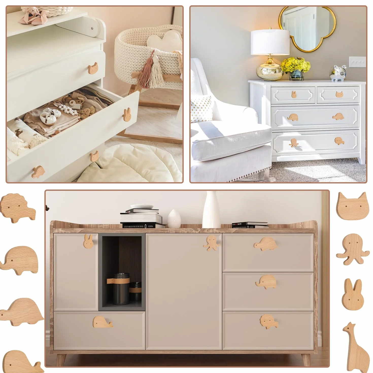 Boutons en bois pour armoire, Lot de 8 Poignées de Meuble en Bois Animals, Poignées animales pour meubles d'enfant