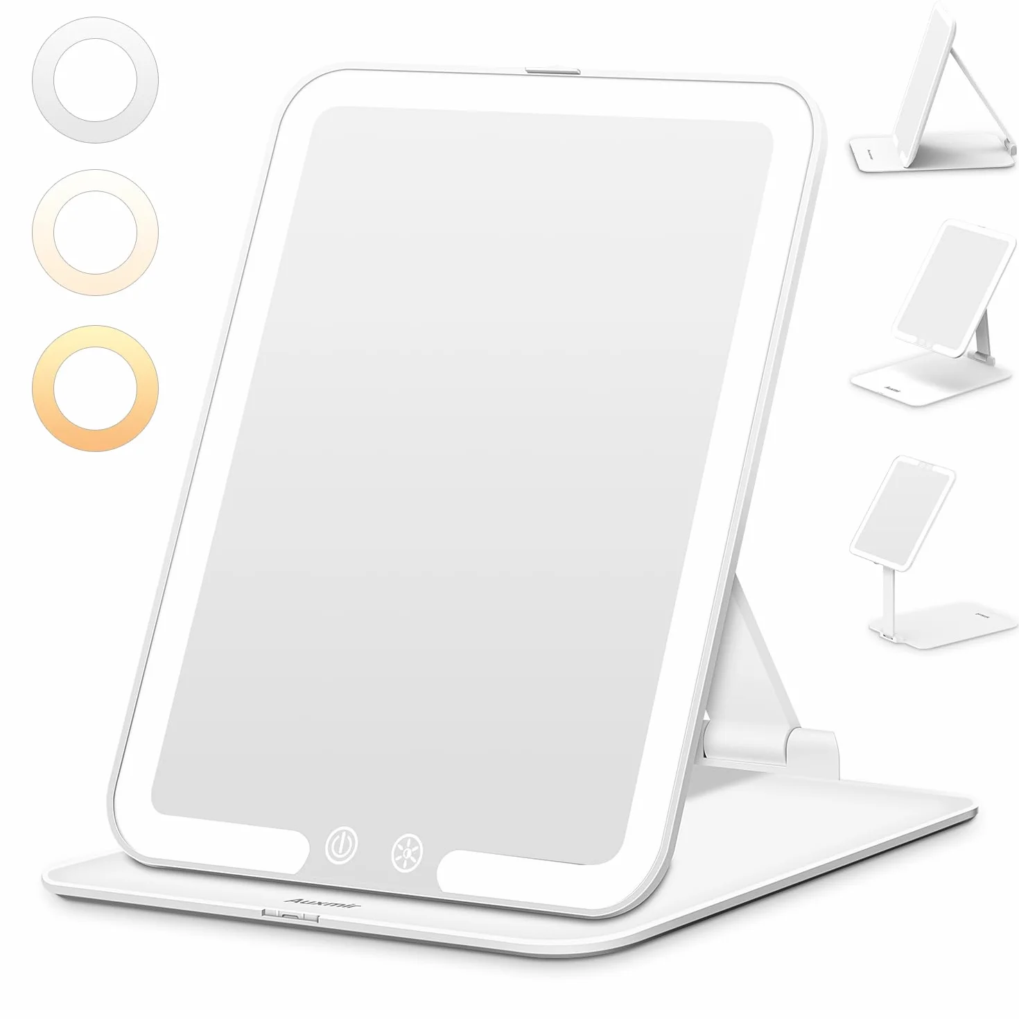 Auxmir Miroir Maquillage Lumineux Rechargeable 72 LED Pliable, Commande Tactile, 3 Couleurs Intensité Réglable Blanc