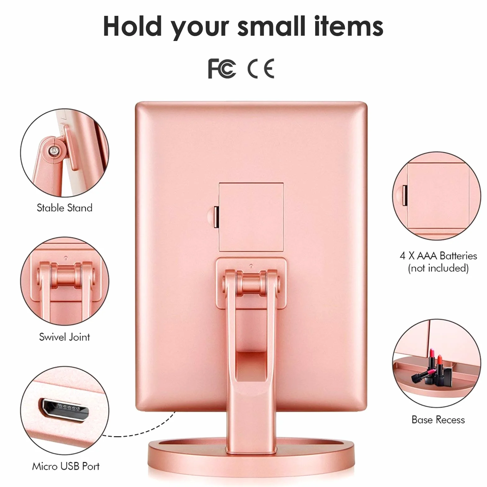 WEILY Miroir Maquillage Grossissant Lumineux LED Pliable 1X/2X/3X Écran Tactile USB Batterie Or Rose