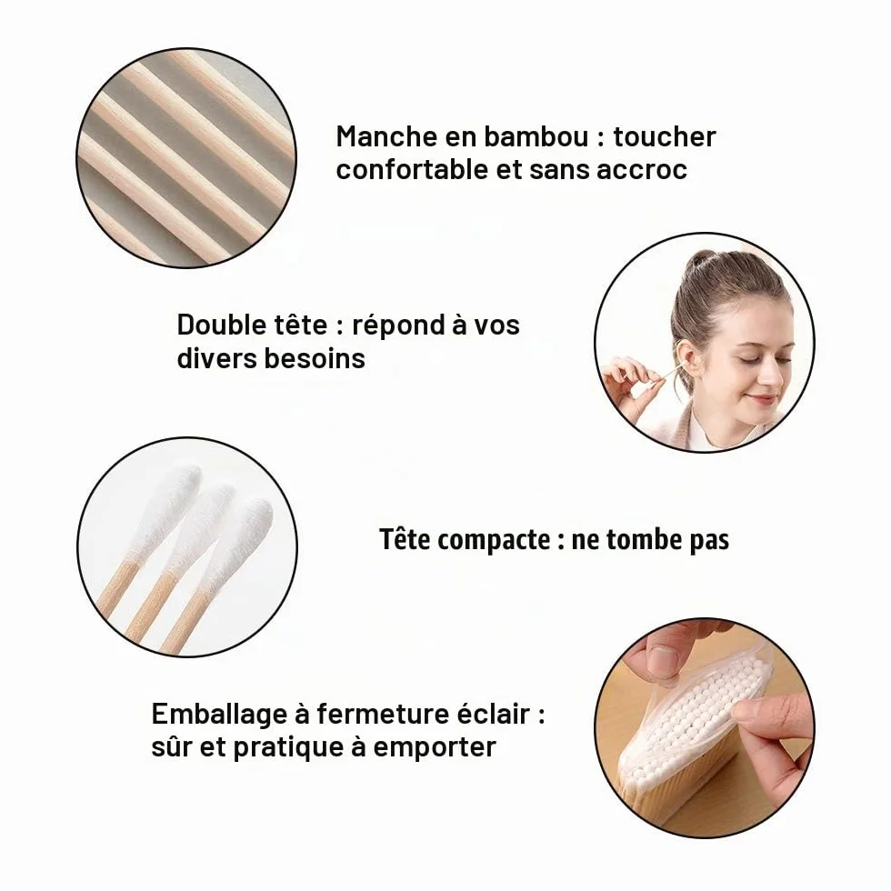 Bourgeons de Coton en Bambou 600 Pièces 6 Paquets Nettoyage Oreilles Biodégradables Double Tête