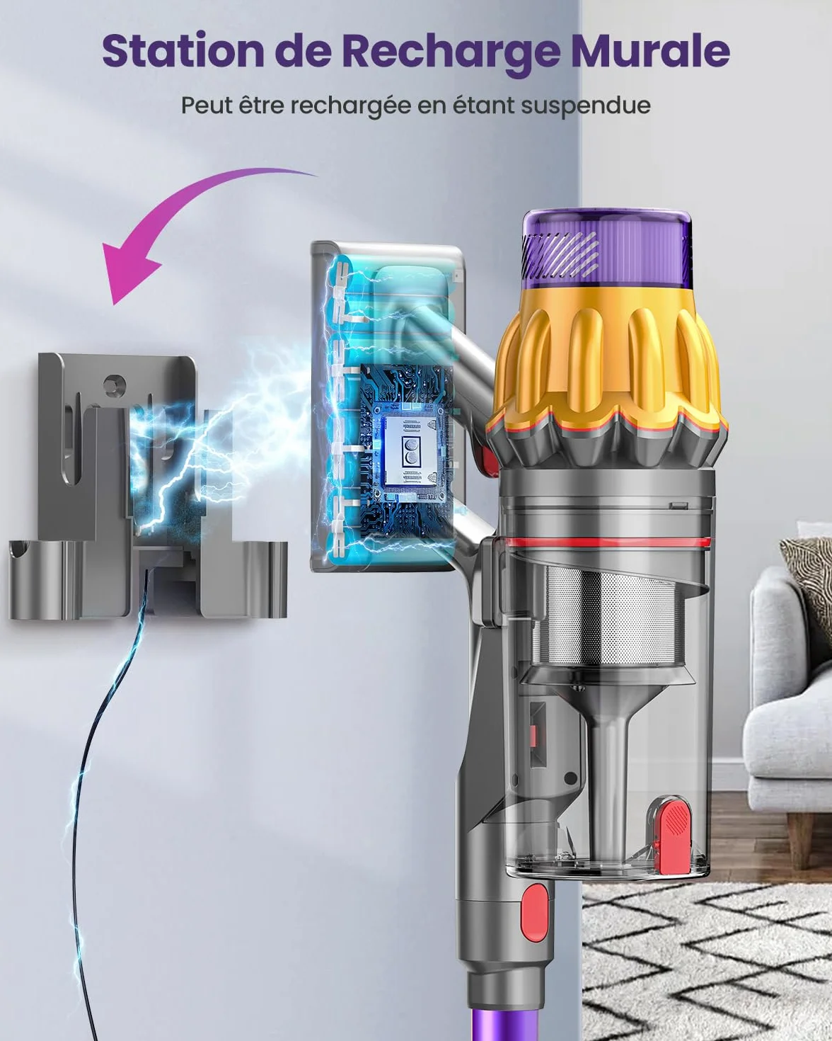 Aspirateur Balai Sans Fil 150Min 55KPA 600W 2 Batteries Brosse Anti-Enchevêtrement Support Mural Rechargeable Écran LED pour Poils d'Animaux Tapis Sols Durs