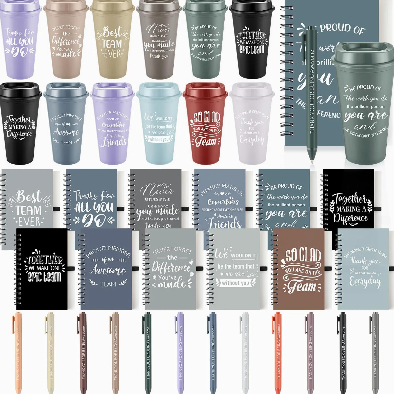 LemonRoad Lot de 36 gobelets en plastique de 473,6 g avec couvercle et paille inspirants pour tasse à café inspirante - Mini carnets à spirale et stylos - Cadeau de remerciement pour le personnel et