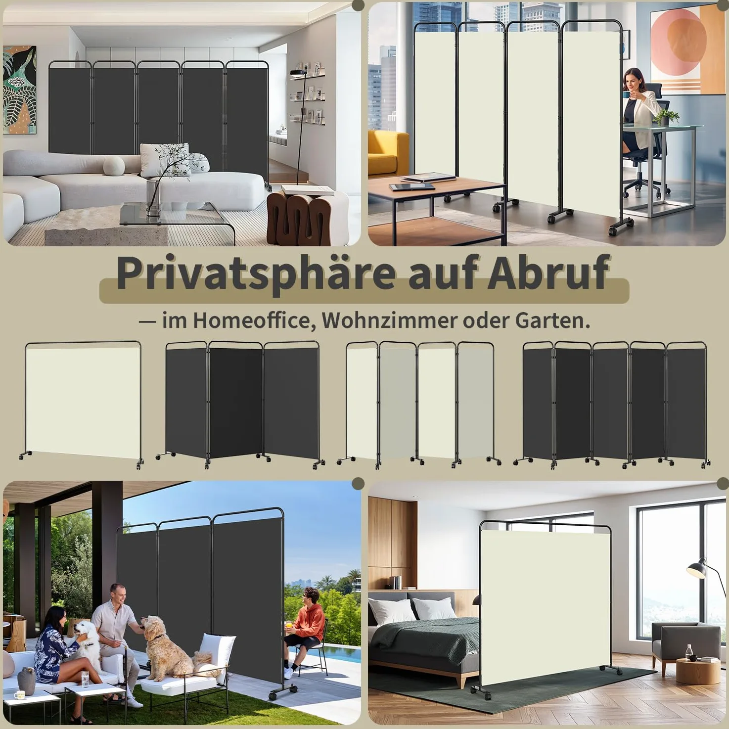 Paravent sur roulettes - 1 pièce - Pliable et autonome - Sur roulettes - Brise-vue - Pour jardin, bureau, terrasse - 185 x 180 x 30 cm - Anthracite