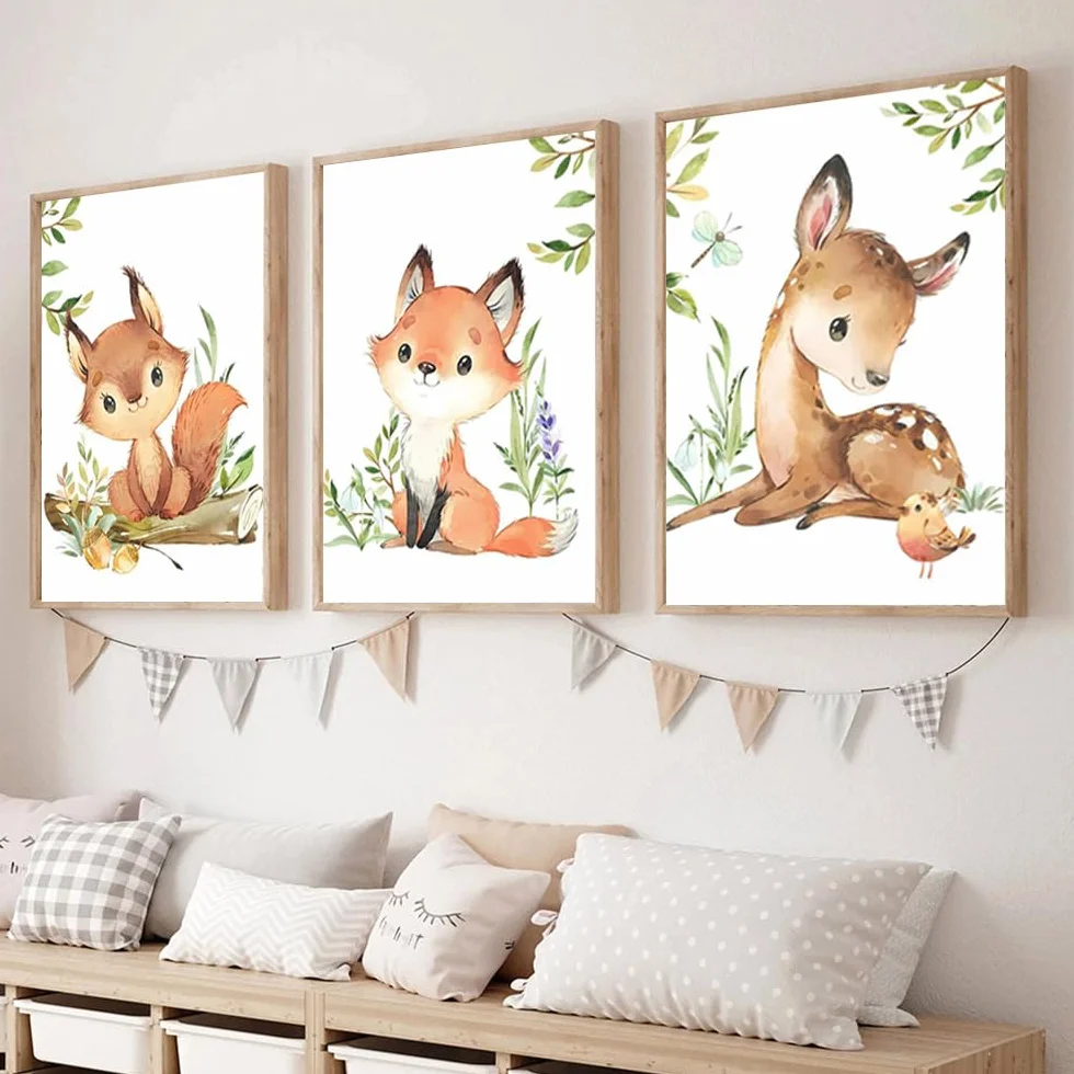 Affiche Animaux de la Jungle Poster Bébé Garcon Renard Ecureuil Cerf Beige Brun 30X40CM Toile Decoration Murale Enfant
