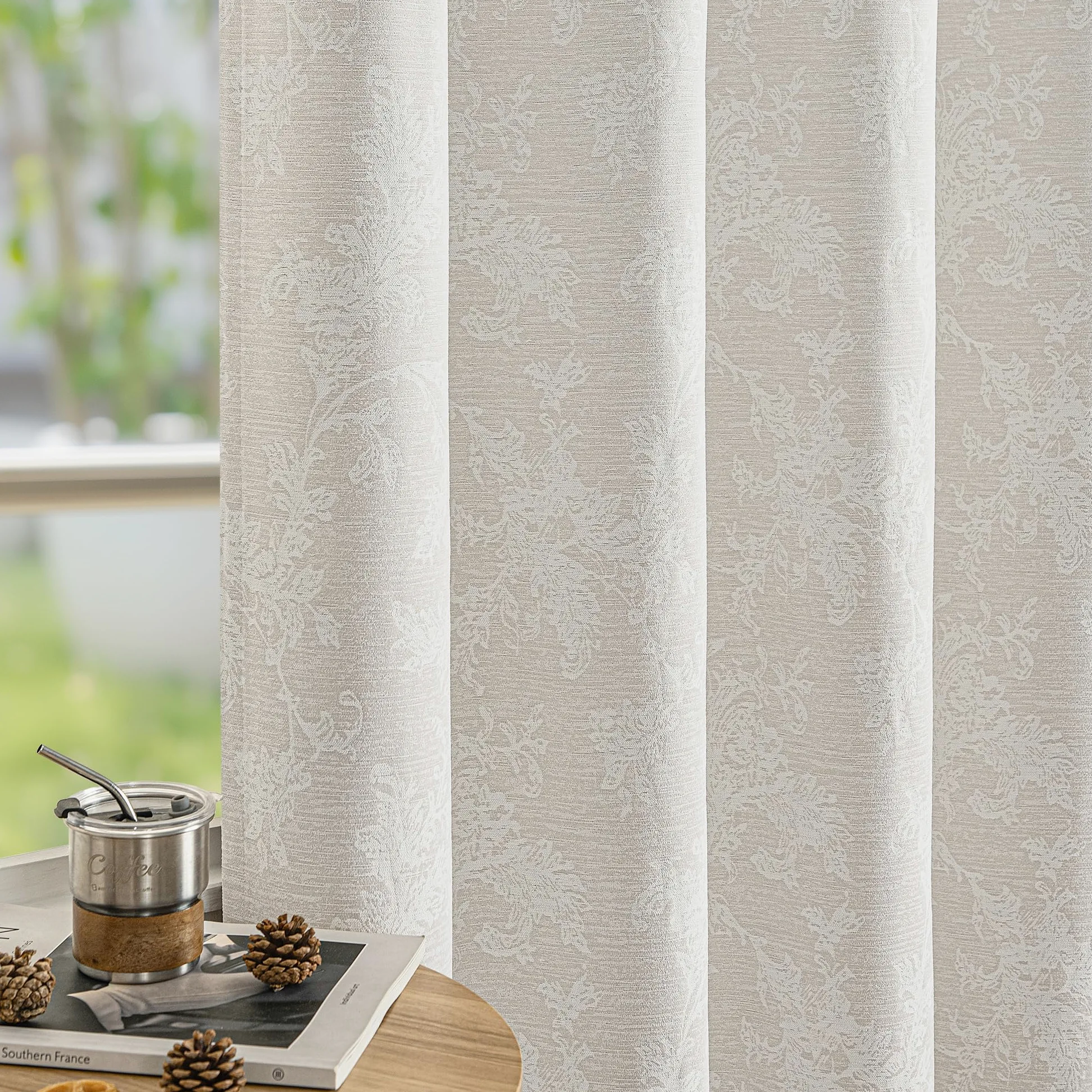 Fmfunctex Lot de 2 rideaux occultants en tissu chenille à œillets pour salon et chambre à coucher Motif floral beige 229 cm