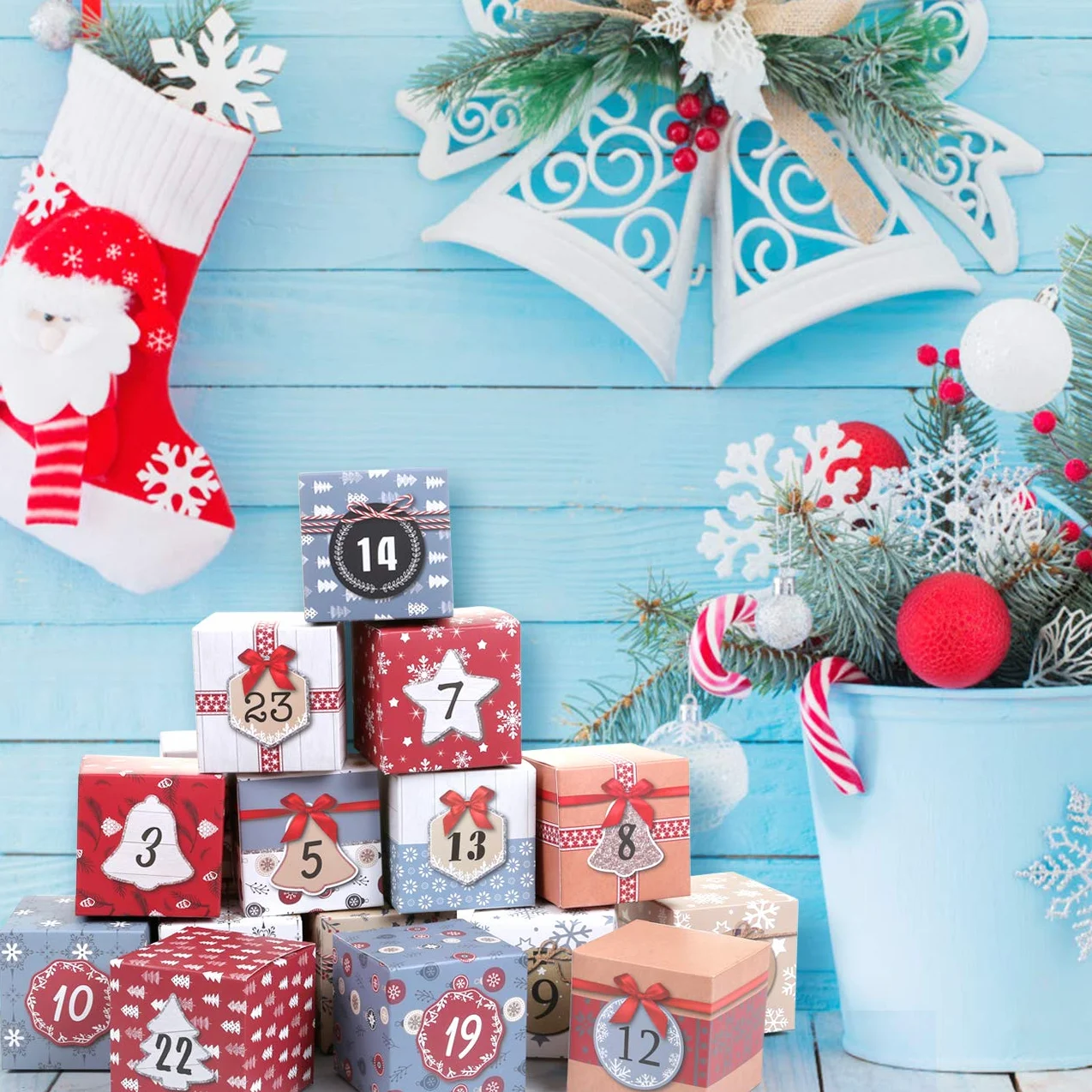 LIHAO Calendrier de l'Avent Vide 2024 24 Boîtes Sacs Papier Kraft Cadeau Noël 7x7x7 cm