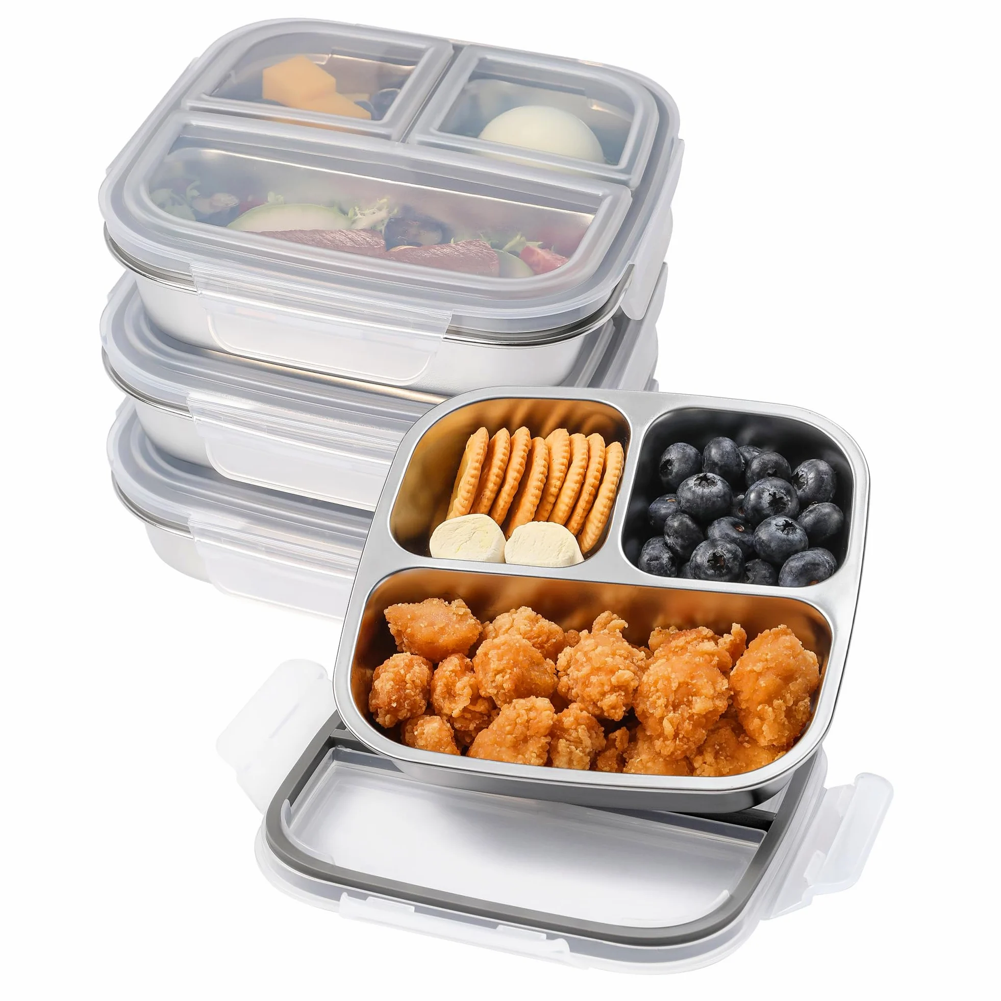 Misichao Lot de 4 boîtes à goûter réutilisables en acier inoxydable avec 3 compartiments | 600 ml pour enfants et adultes - Pour l'école, le travail et les voyages - Gris
