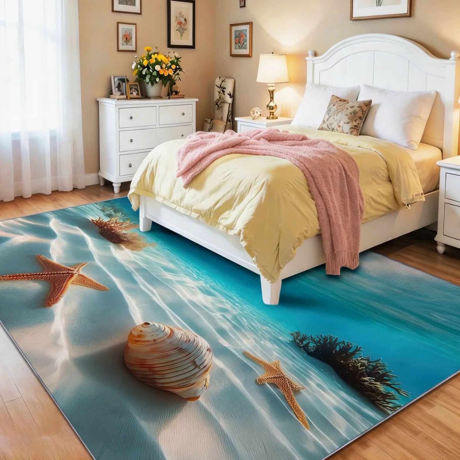 Tapis Poil Ras Antidérapante, Style Décontracté Bleu Et Blanc Lavable Machine Résistante à la Tache Moquette, Monde sous-Marin Plage Étoile De Mer Coquillage Tapis pour Couloir Chambre, 100 x 150 cm