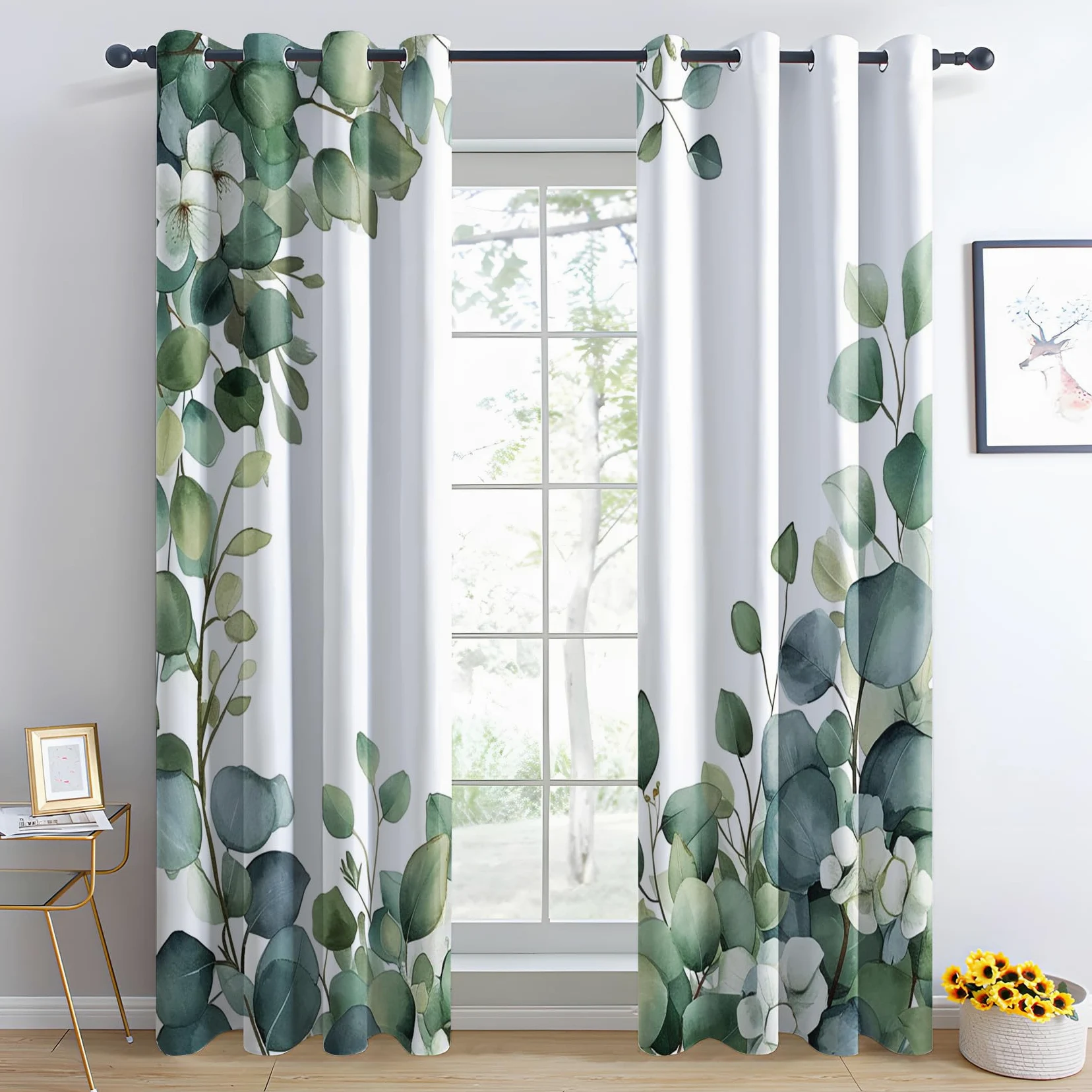 Rideau Occultant Eucalyptus, Feuille Verte Motif Rideaux Thermiques à Oeillets, Rideaux Imprimé pour Salon Chambre Fenetre Moderne Décoration, 140x220 cm (L x H), Lot de 2