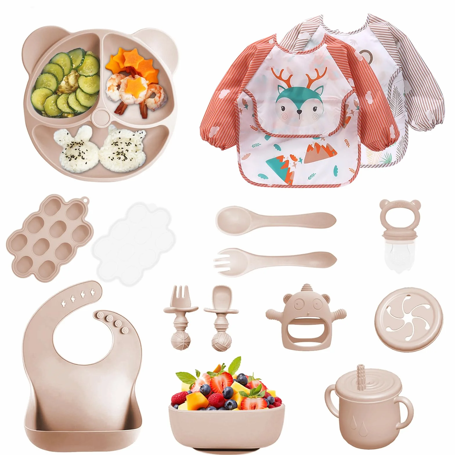 Coffret Repas Bebe Silicone 14 pièces Assiette Bol Fourche Cuillère Bavoir Tasse Set Couverts Vaisselle Sevrage Manger Beige